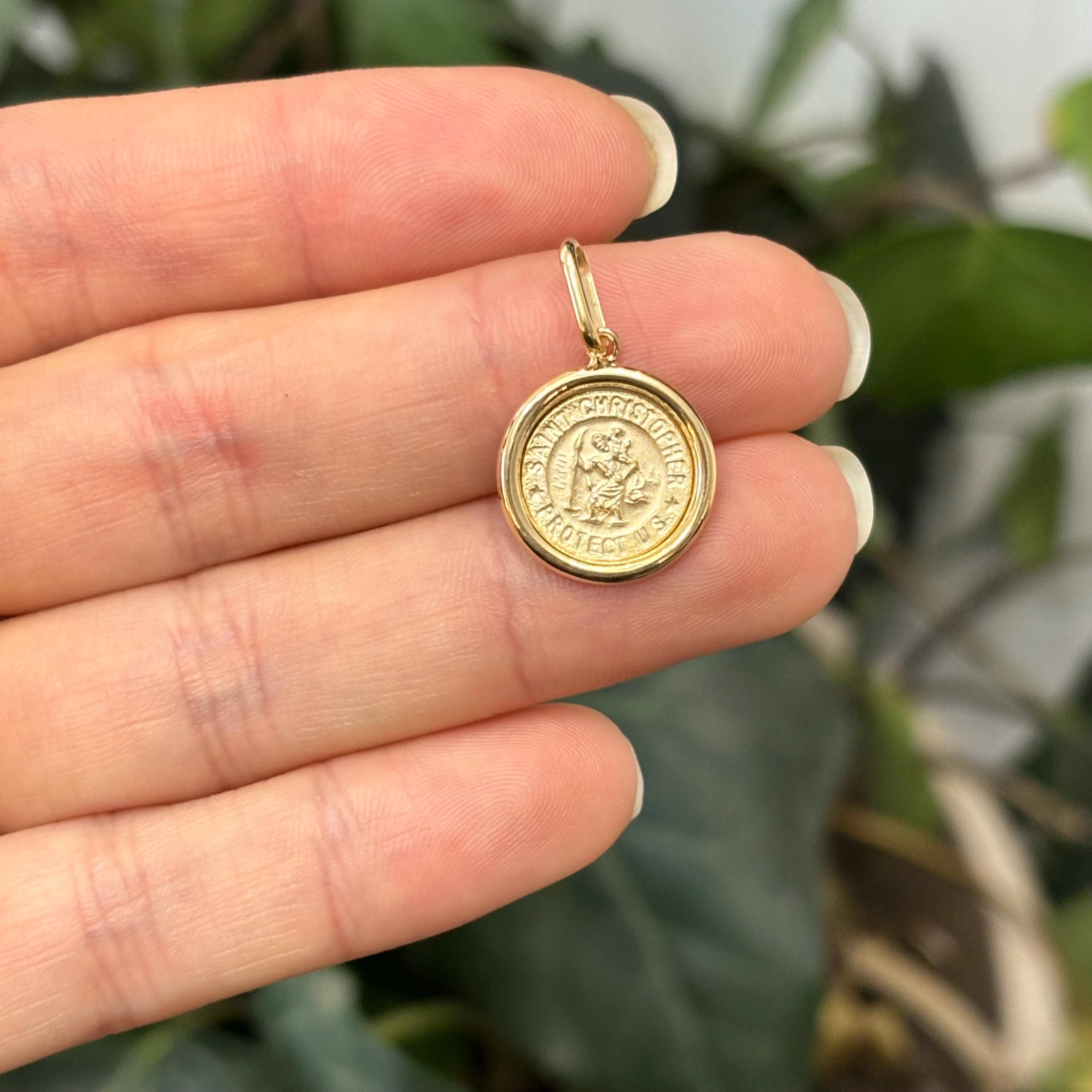 14k Gold St Christopher Round Bezel Medal Charm Pendant 16mm