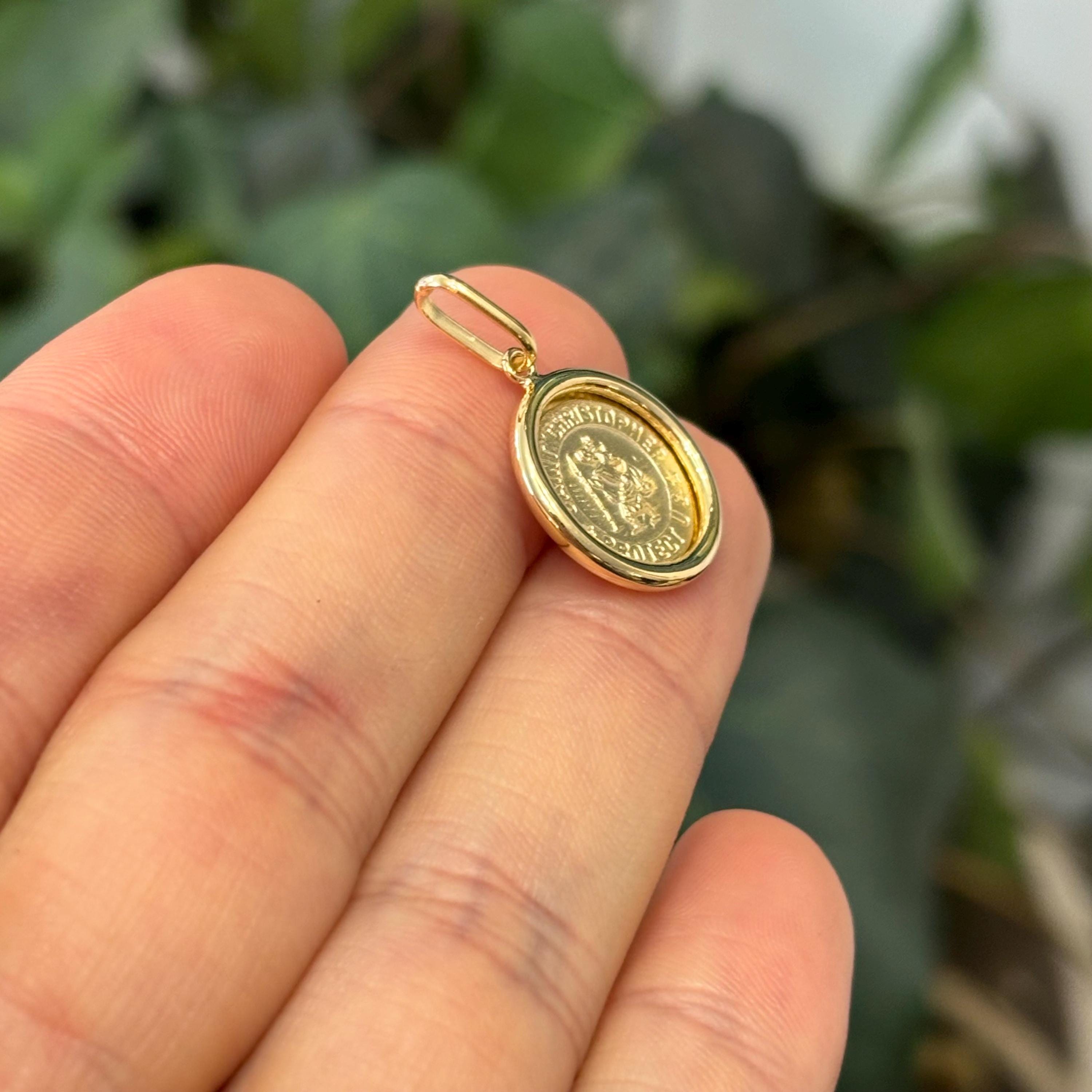 14k Gold St Christopher Round Bezel Medal Charm Pendant 16mm