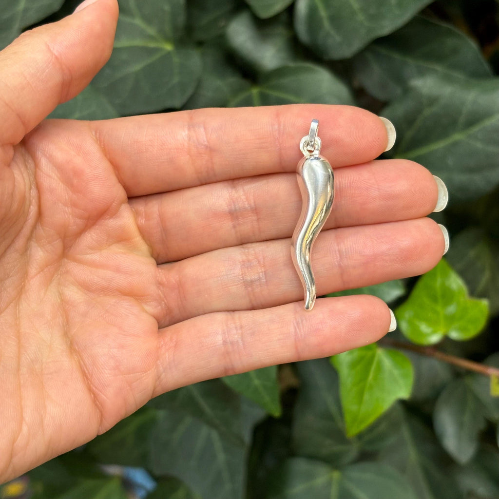 Sterling Silver Italian Horn Corno Pendant 3D 41mm