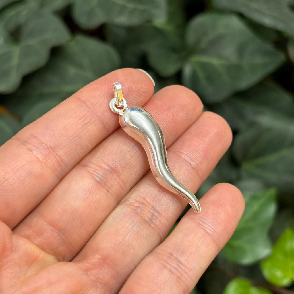Sterling Silver Italian Horn Corno Pendant 3D 41mm
