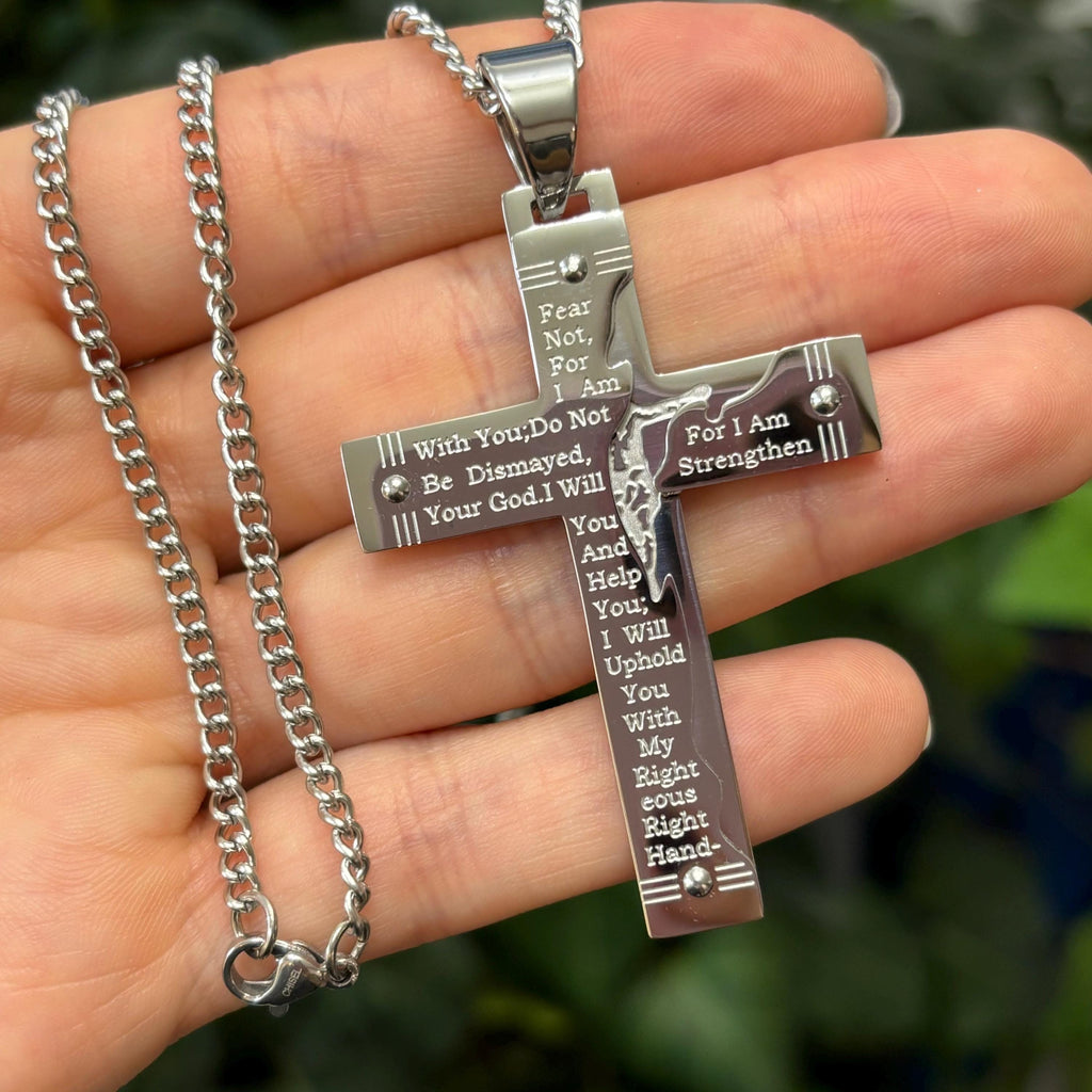 Stainless Steel Isaiah 41:10 Cross Pendant Necklace