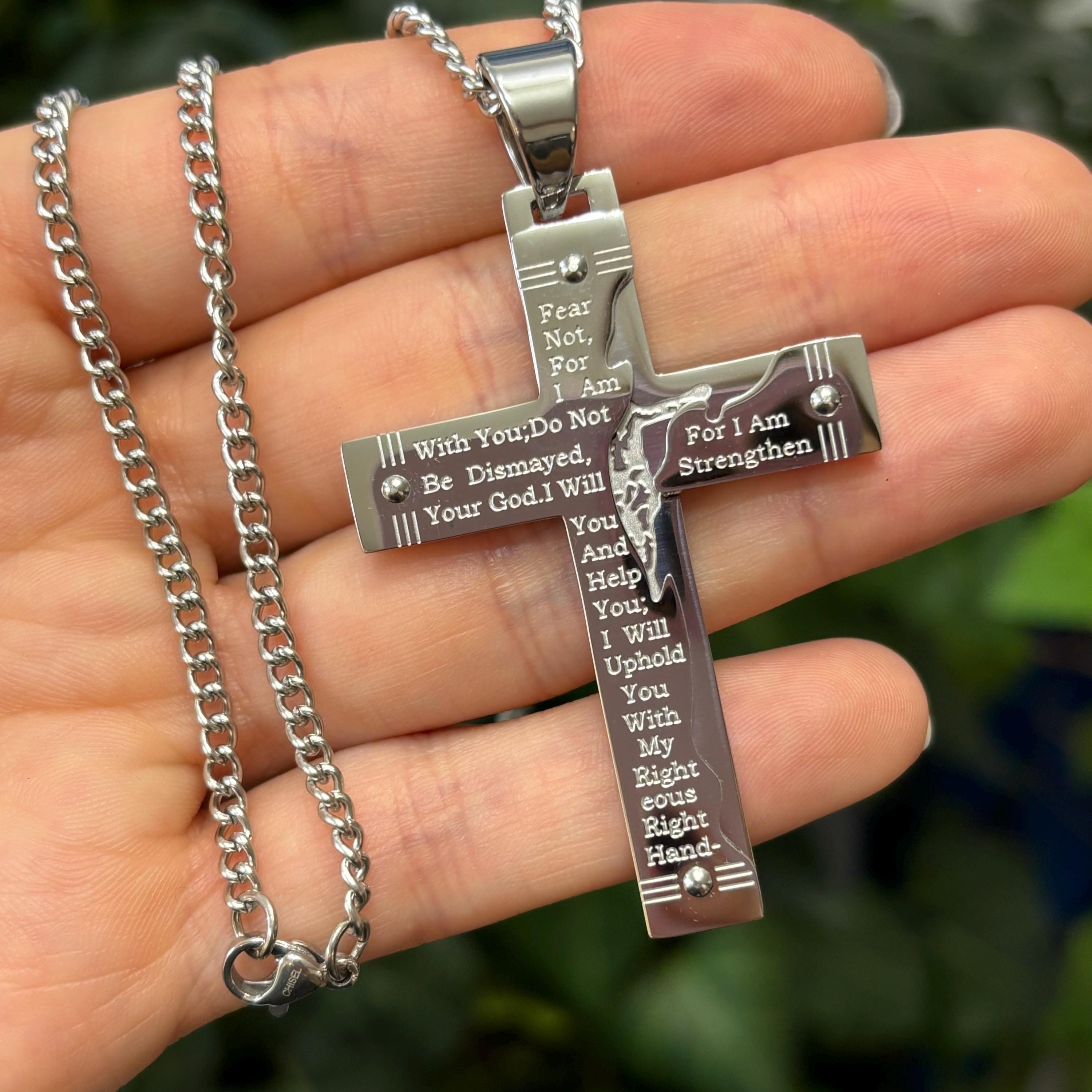 Stainless Steel Isaiah 41:10 Cross Pendant Necklace