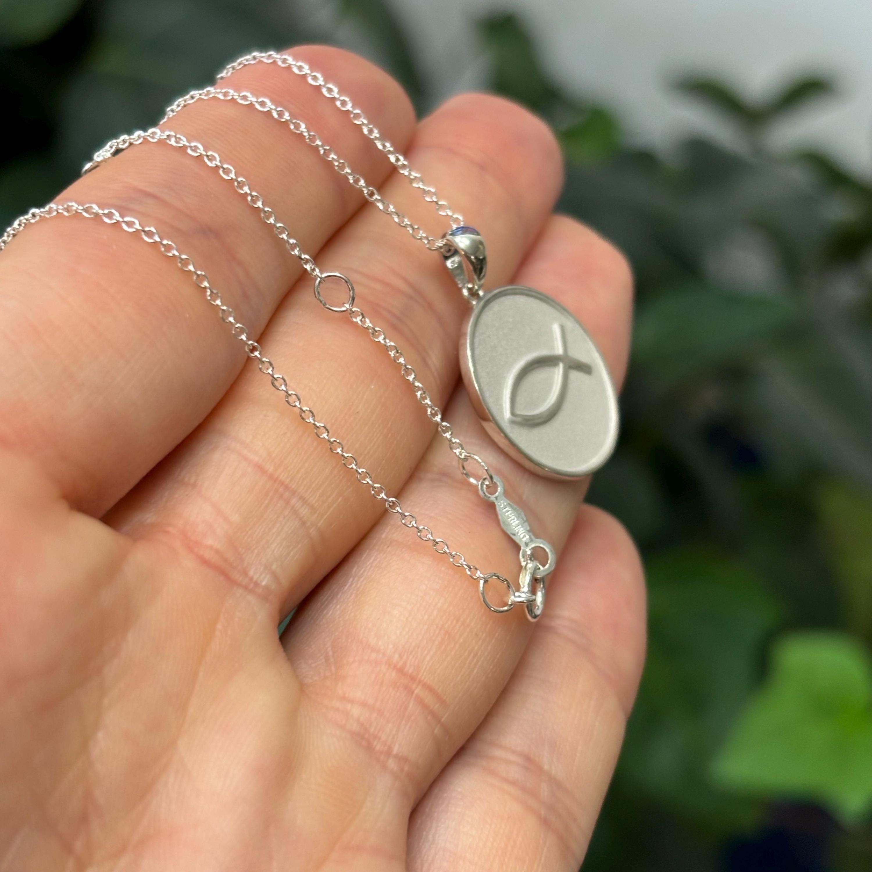 Sterling Silver Ichthus Cross Fish Round Medal Pendant Necklace