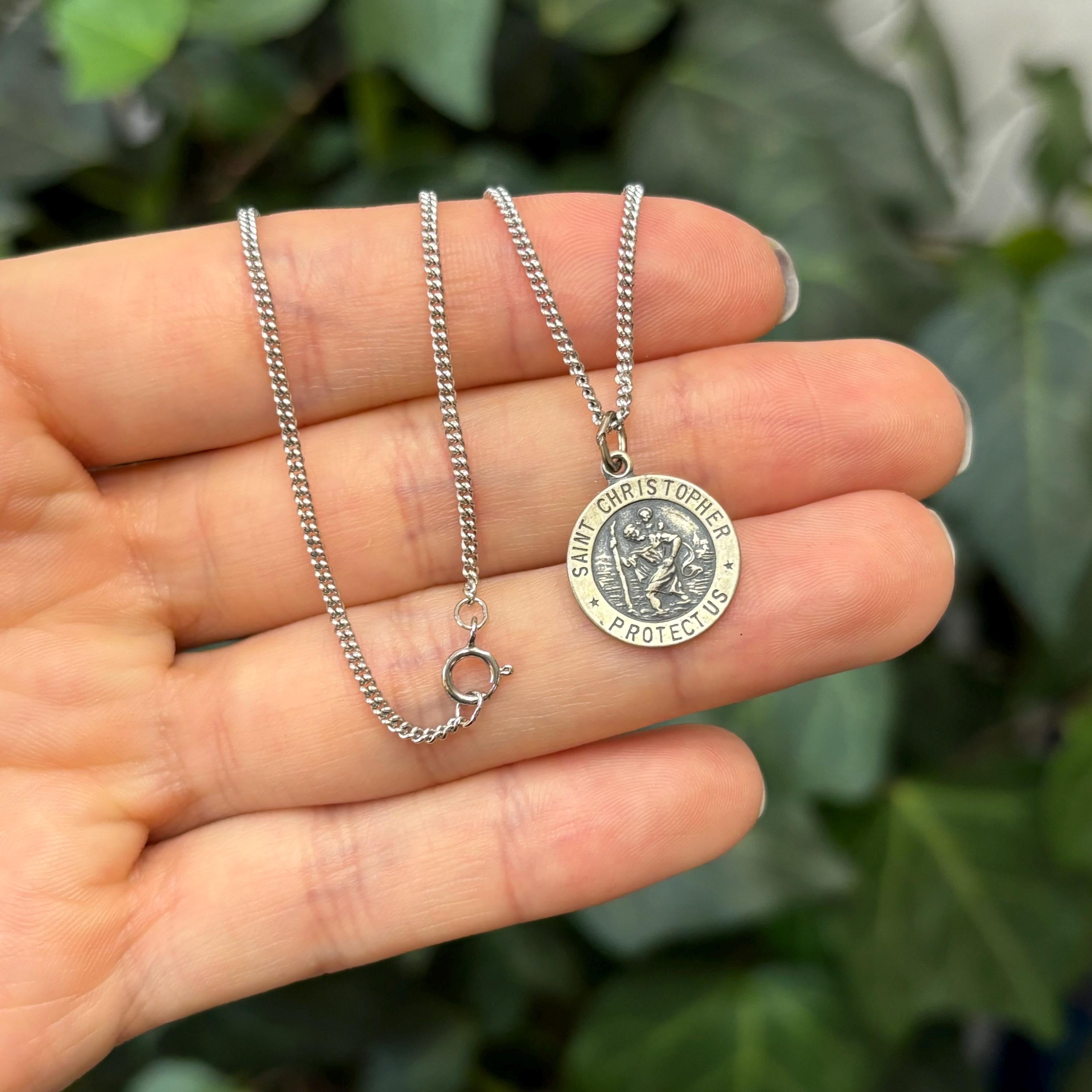 Sterling Silver St Christopher Round Medal Pendant Necklace 15mm