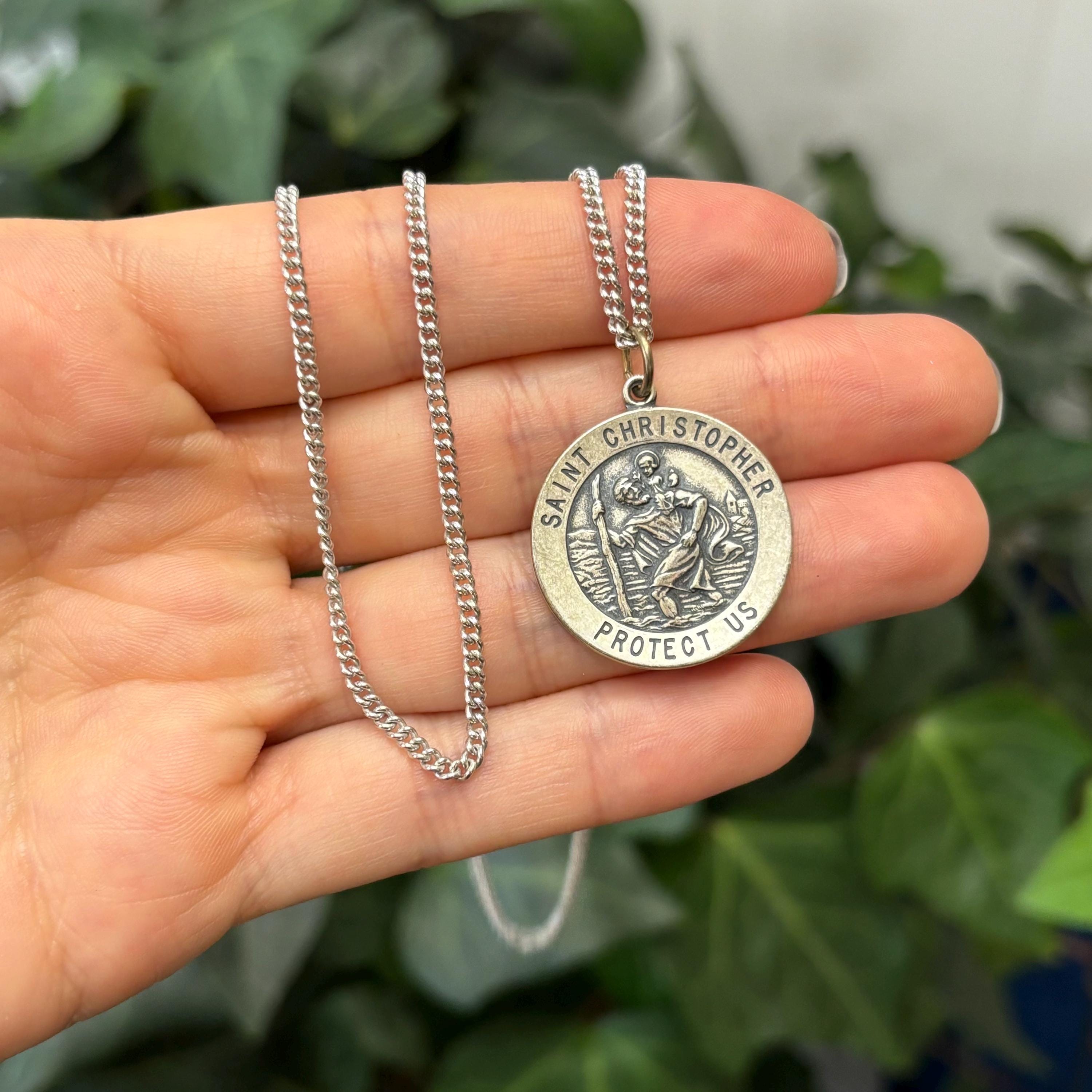 Sterling Silver St Christopher Round Medal Pendant Necklace 25mm