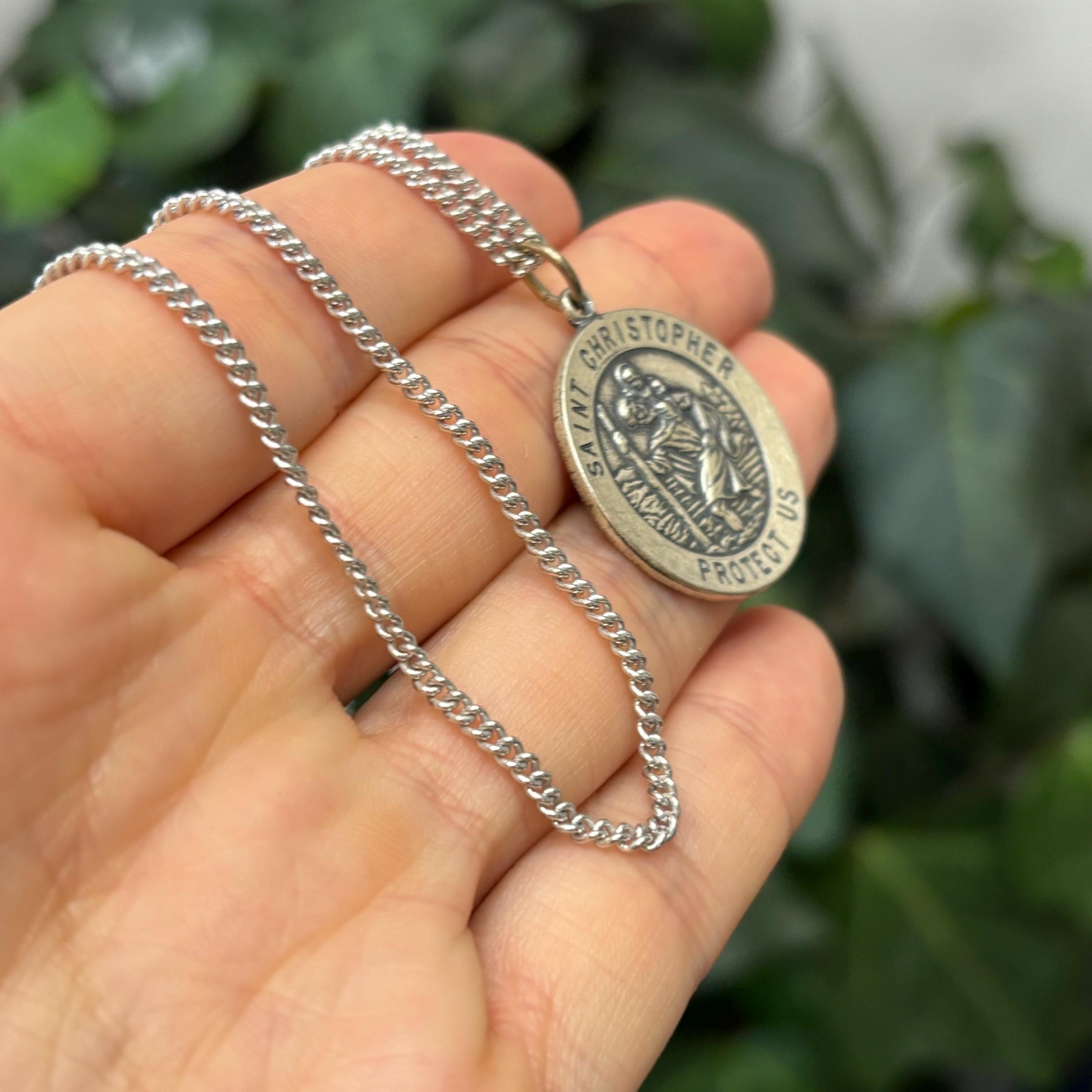 Sterling Silver St Christopher Round Medal Pendant Necklace 25mm