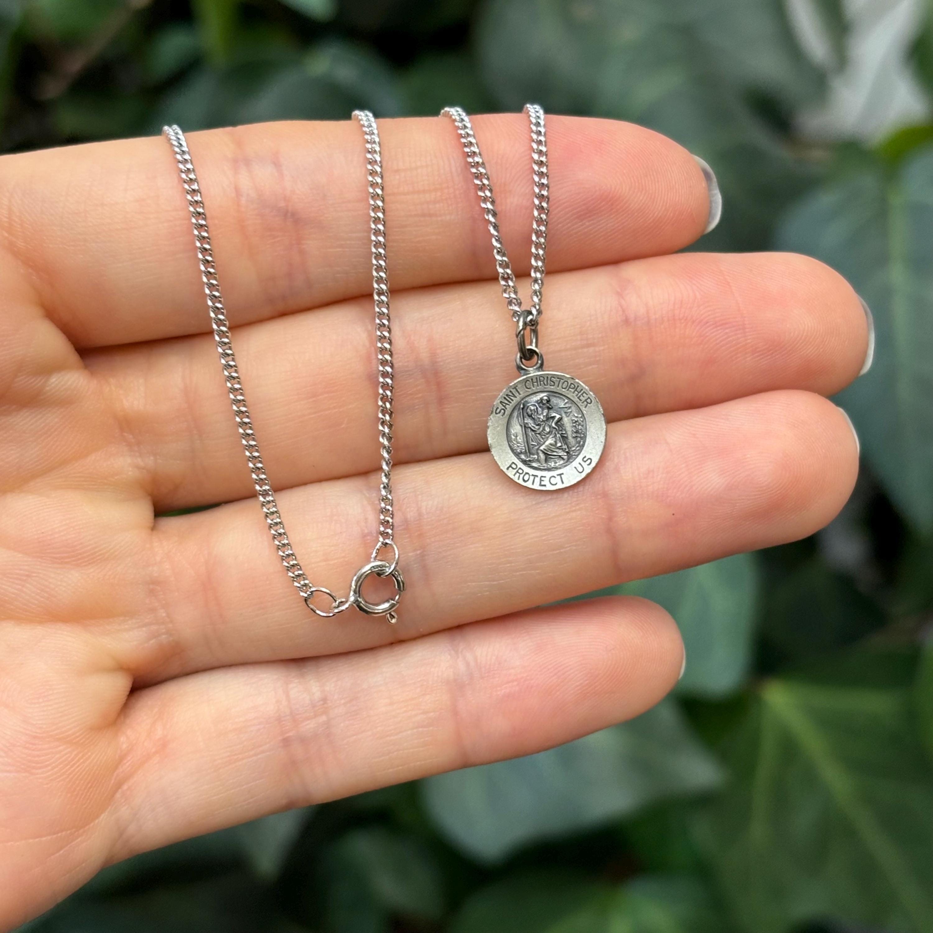 Sterling Silver St Christopher Round Medal Pendant Necklace 12mm