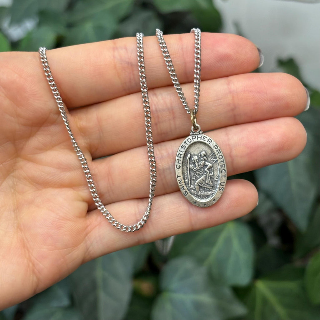 Sterling Silver St Christopher Oval Medal Pendant Necklace 26mm x 16mm