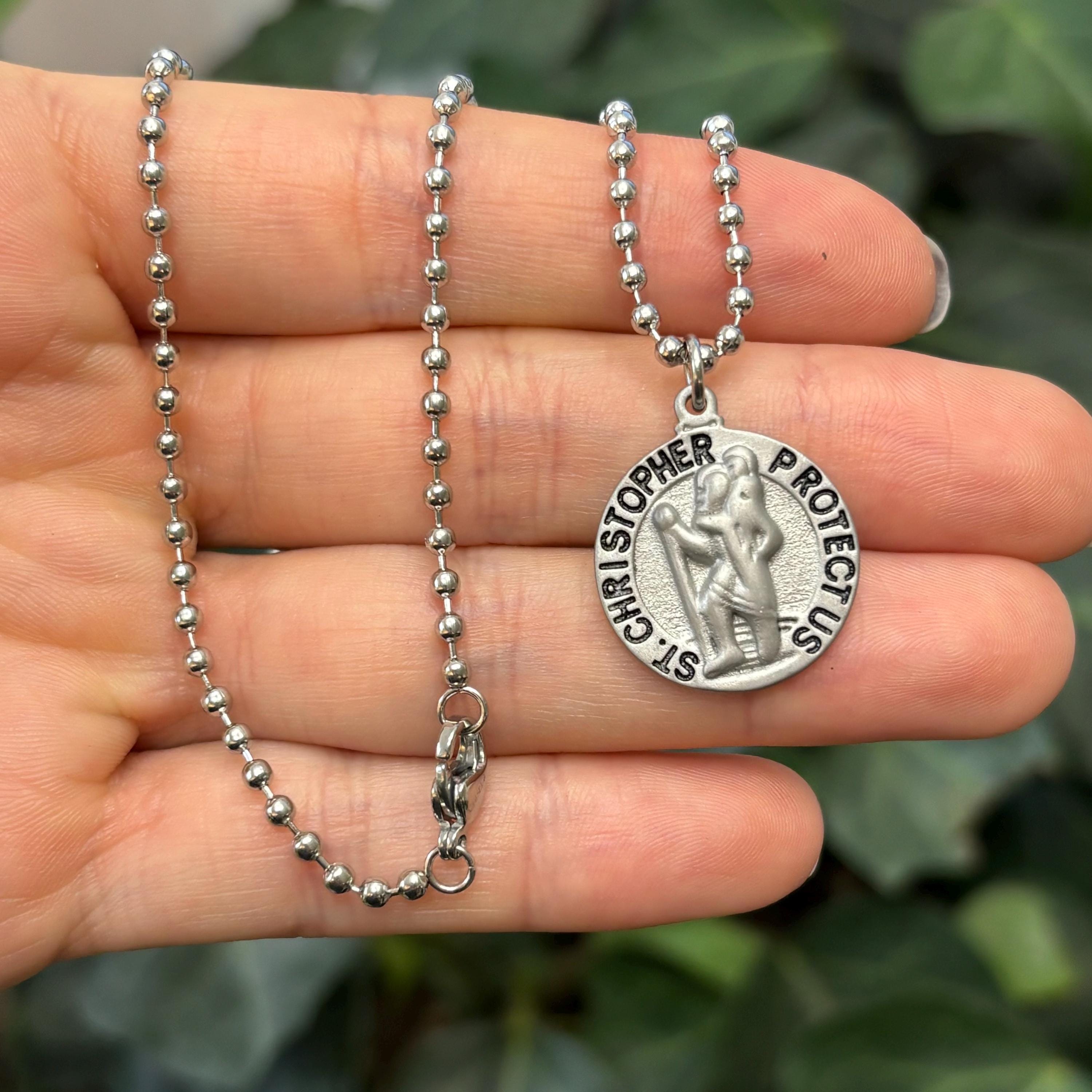 Stainless Steel St Christopher Round Medal Pendant Necklace 20mm