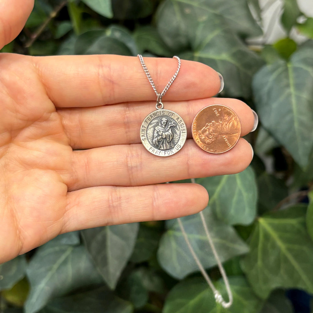 Sterling Silver St Francis of Assisi Round Medal Pendant Necklace 18mm