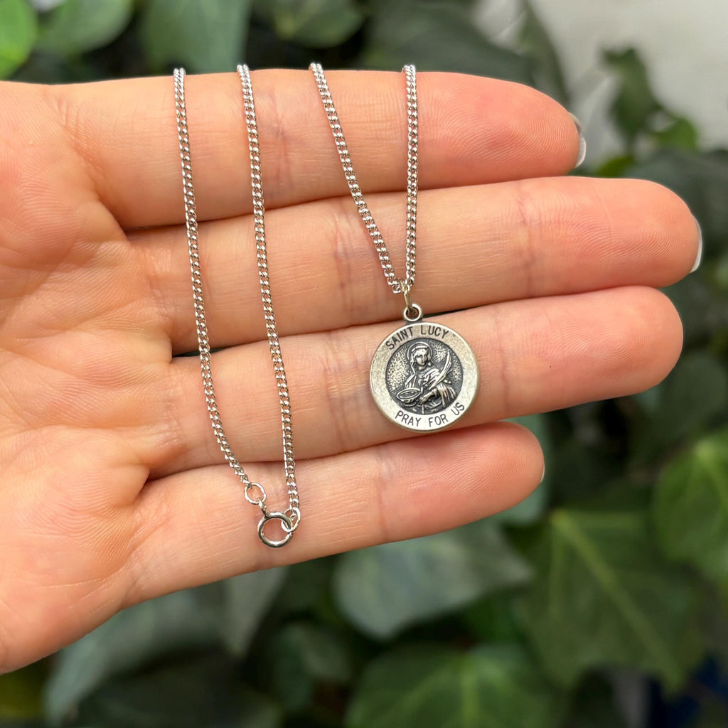 Sterling Silver St Lucy Round Medal Pendant Necklace 15mm