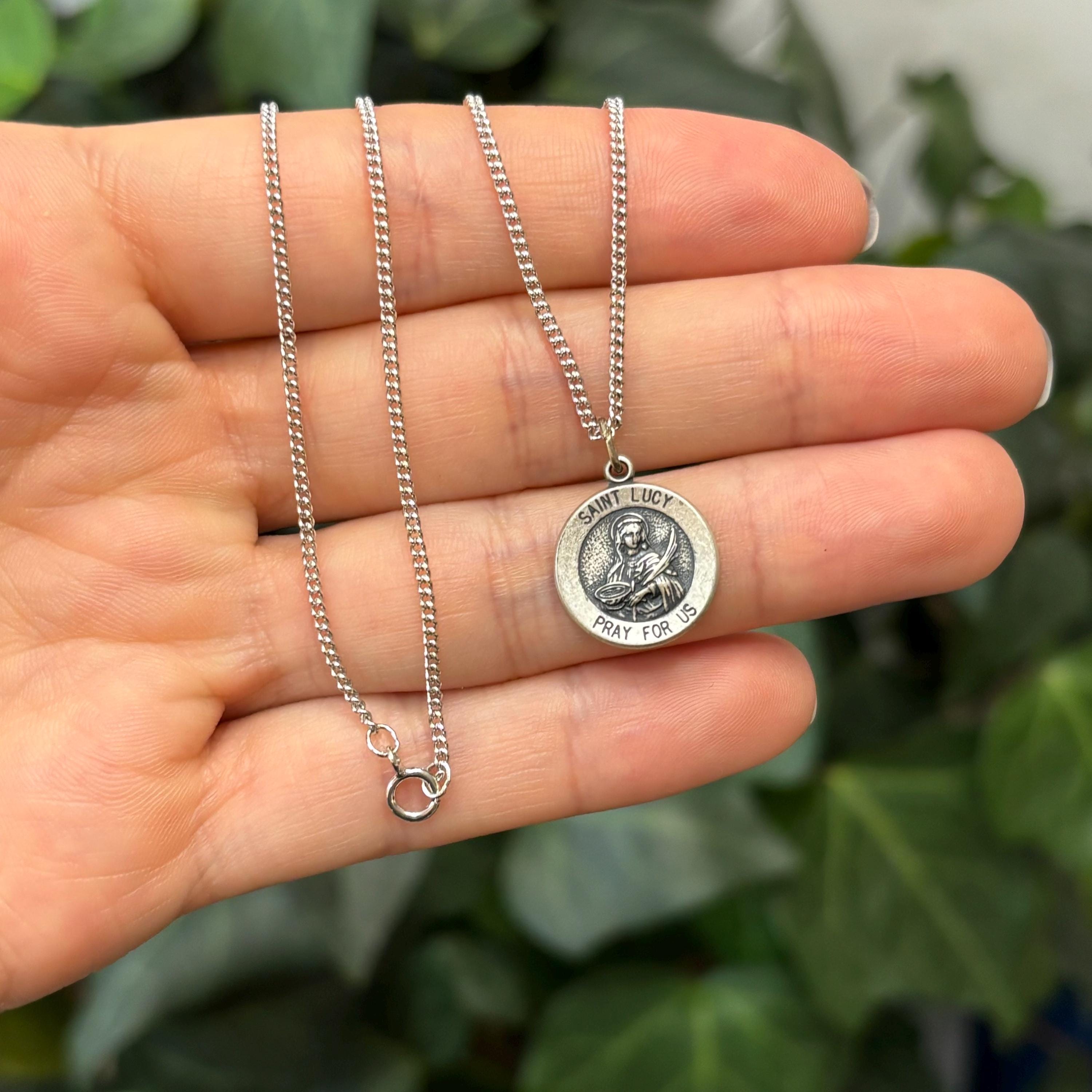 Sterling Silver St Lucy Round Medal Pendant Necklace 15mm