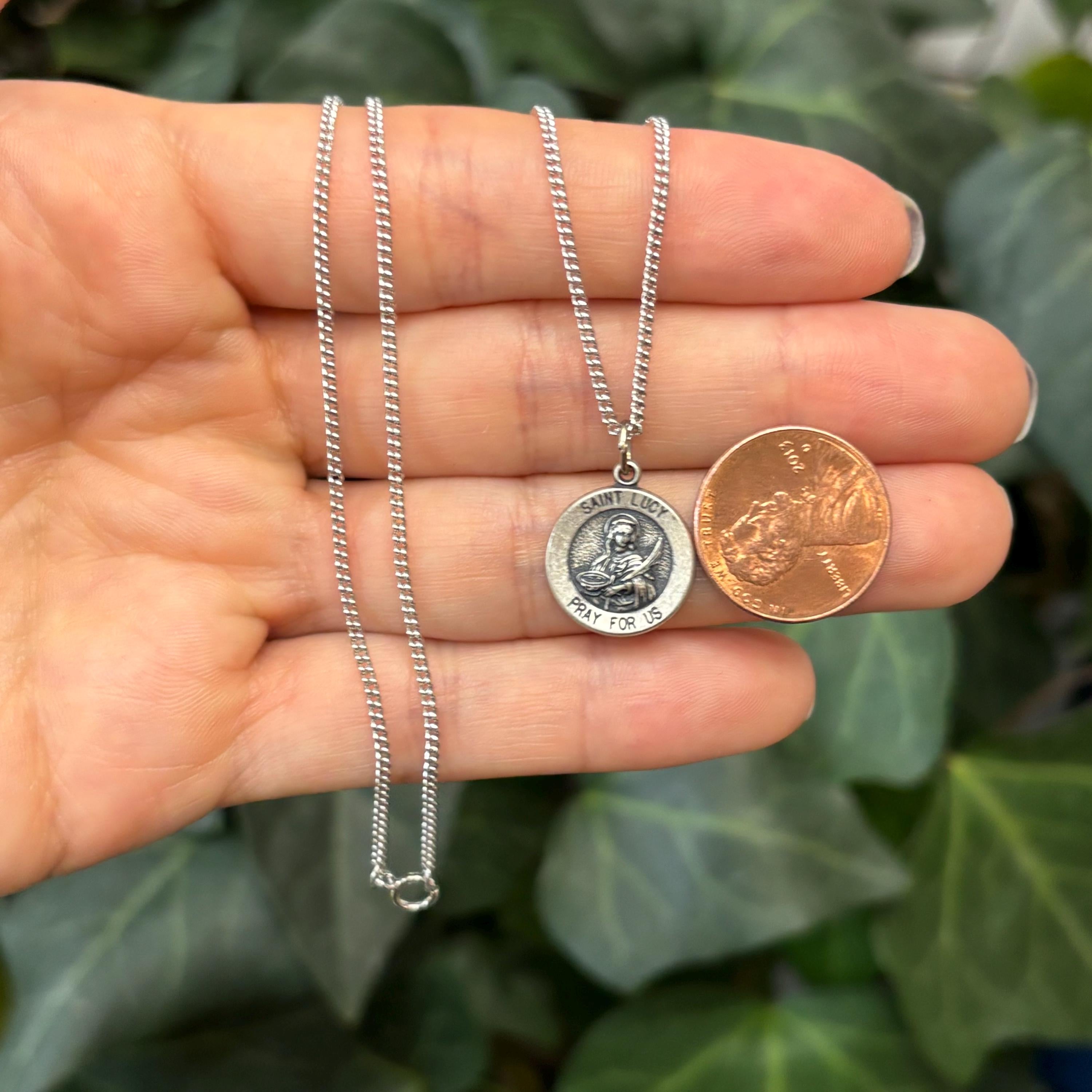 Sterling Silver St Lucy Round Medal Pendant Necklace 15mm
