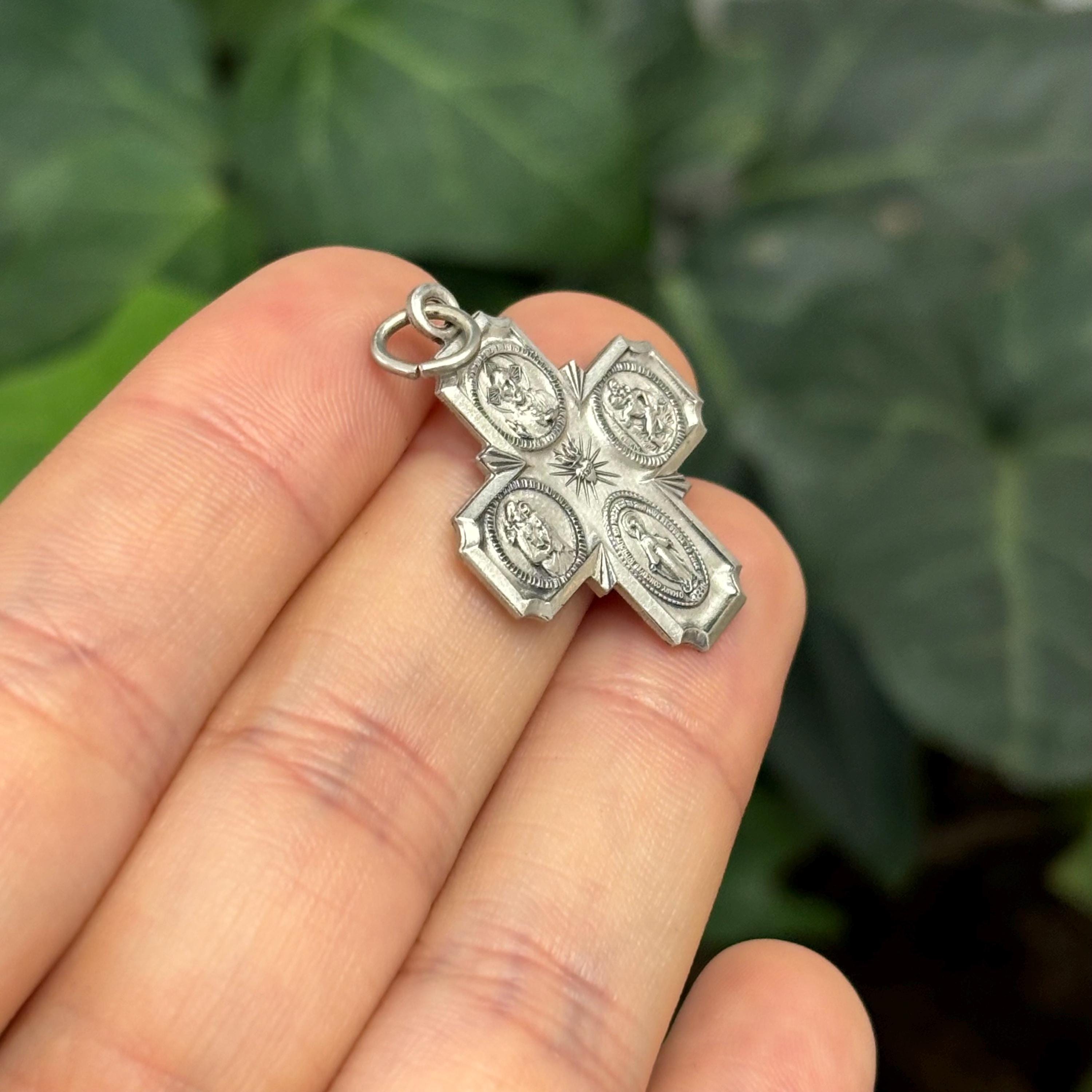 Sterling Silver Four Way Medal Antiqued Cross Charm Pendant 25mm