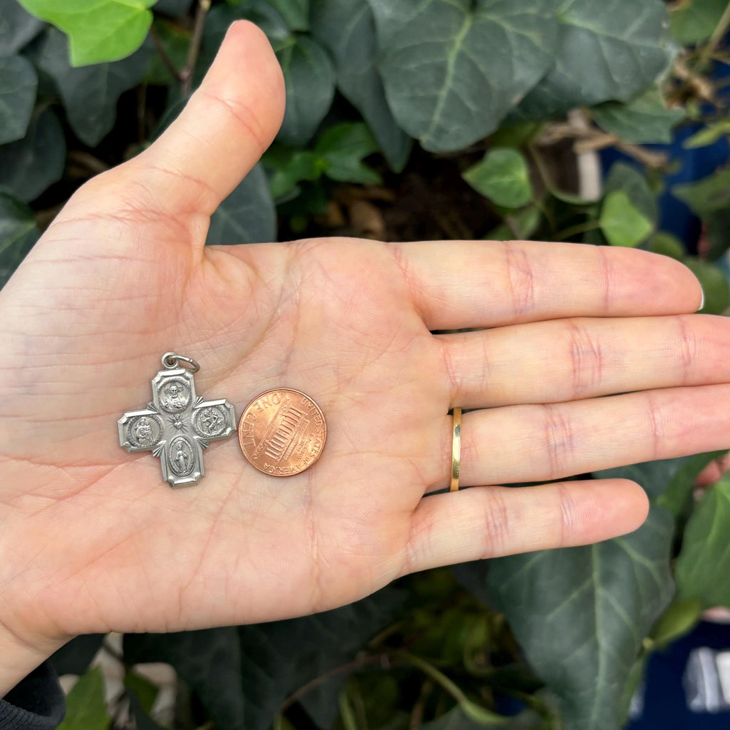Sterling Silver Four Way Medal Antiqued Cross Charm Pendant 25mm