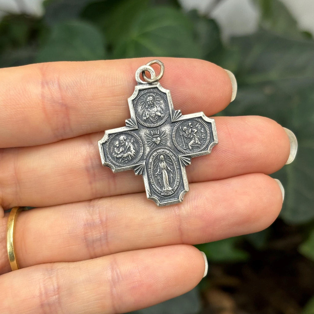Sterling Silver Four Way Medal Antiqued Cross Charm Pendant 30mm