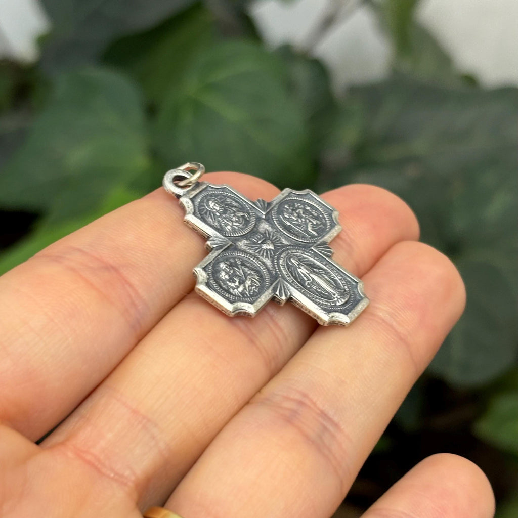 Sterling Silver Four Way Medal Antiqued Cross Charm Pendant 30mm