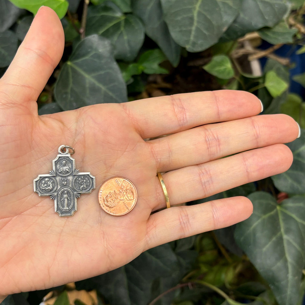 Sterling Silver Four Way Medal Antiqued Cross Charm Pendant 30mm