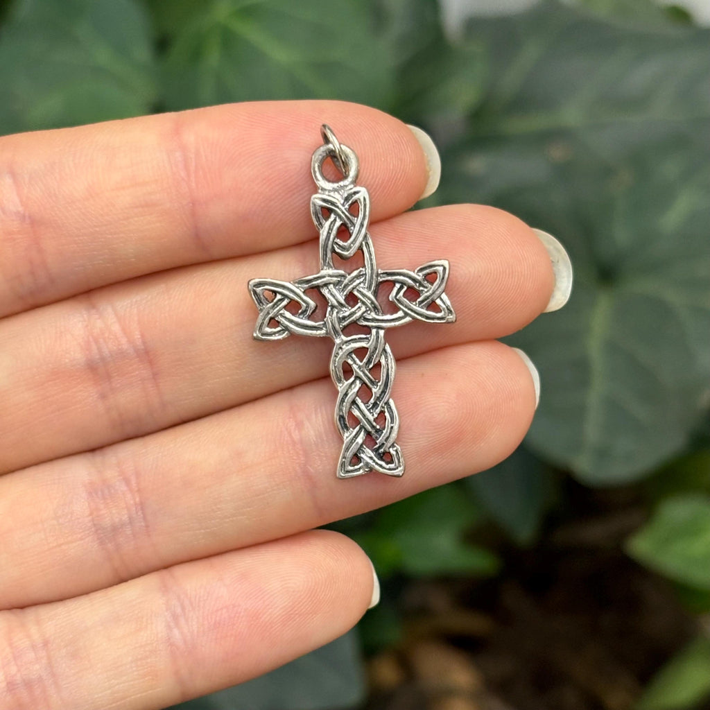 Sterling Silver Antiqued Celtic Knot Cross Charm Pendant 32mm
