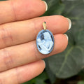 14k Gold Blue Agate Cameo Mother and Child Oval Pendant