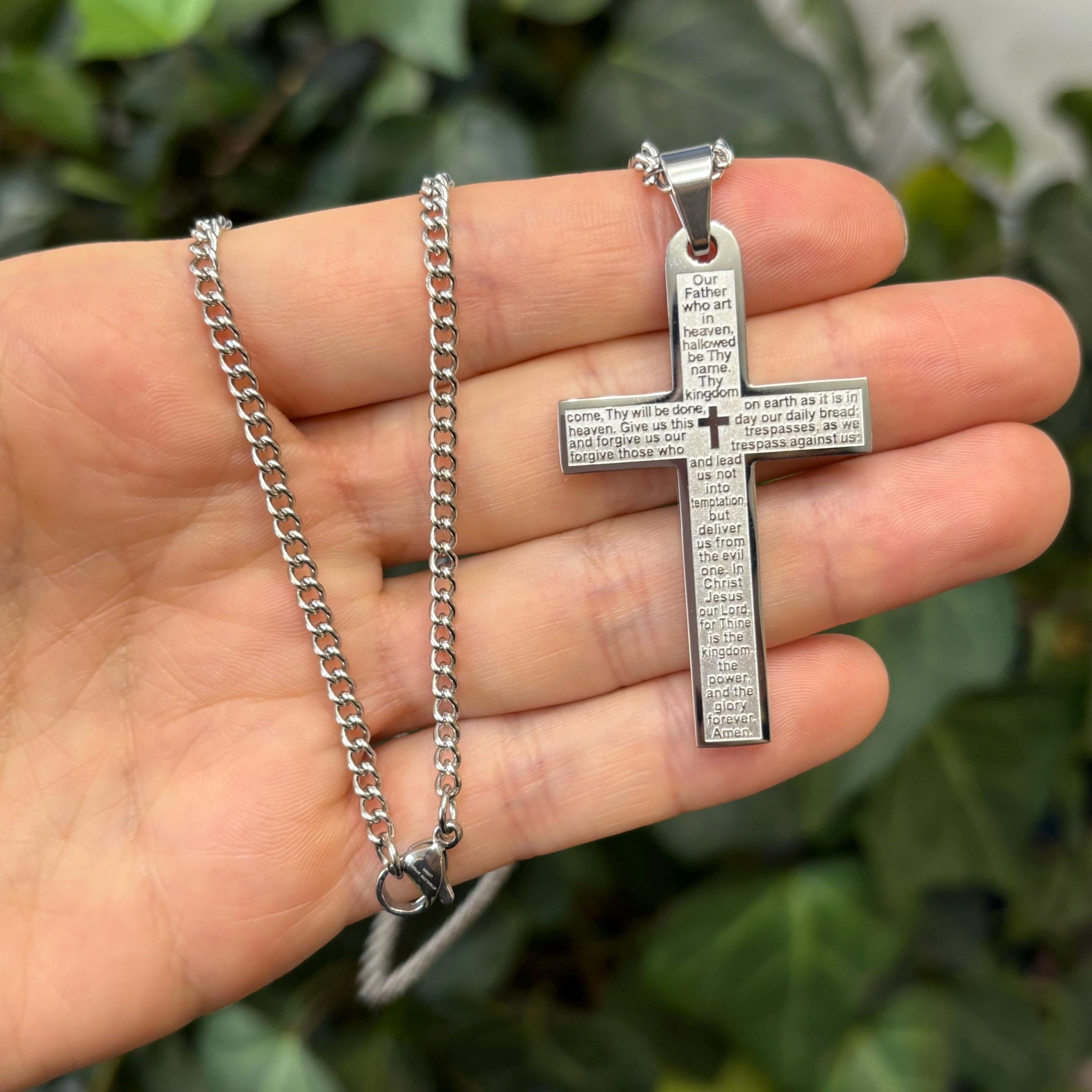 Stainless Steel Lord’s Prayer Cross Pendant Necklace