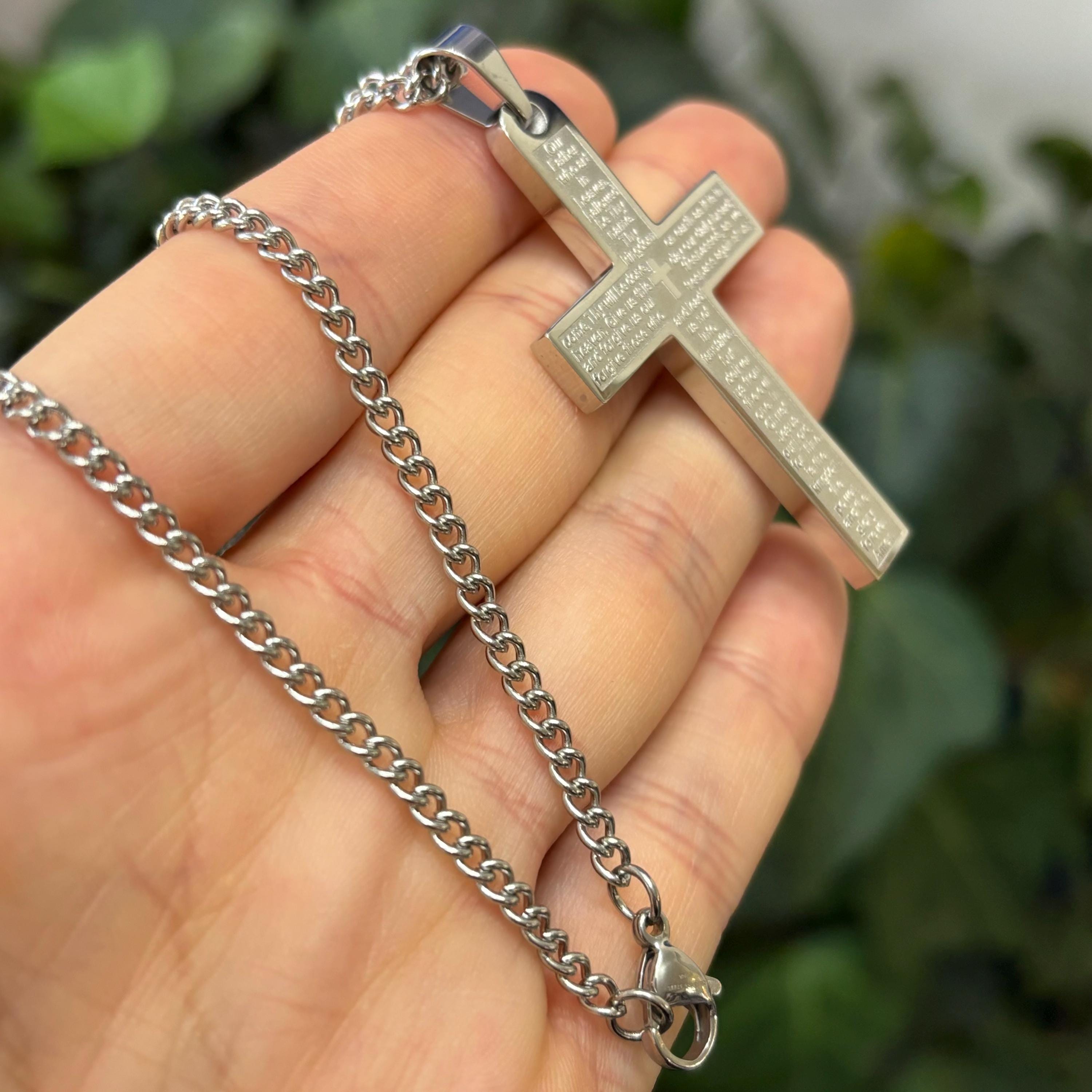 Stainless Steel Lord’s Prayer Cross Pendant Necklace