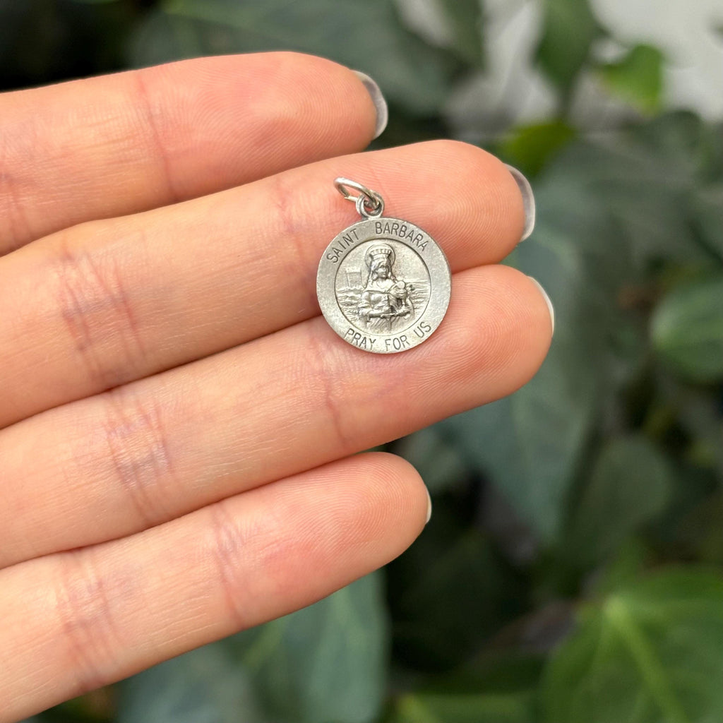 Sterling Silver St Barbara Round Medal Pendant 15mm