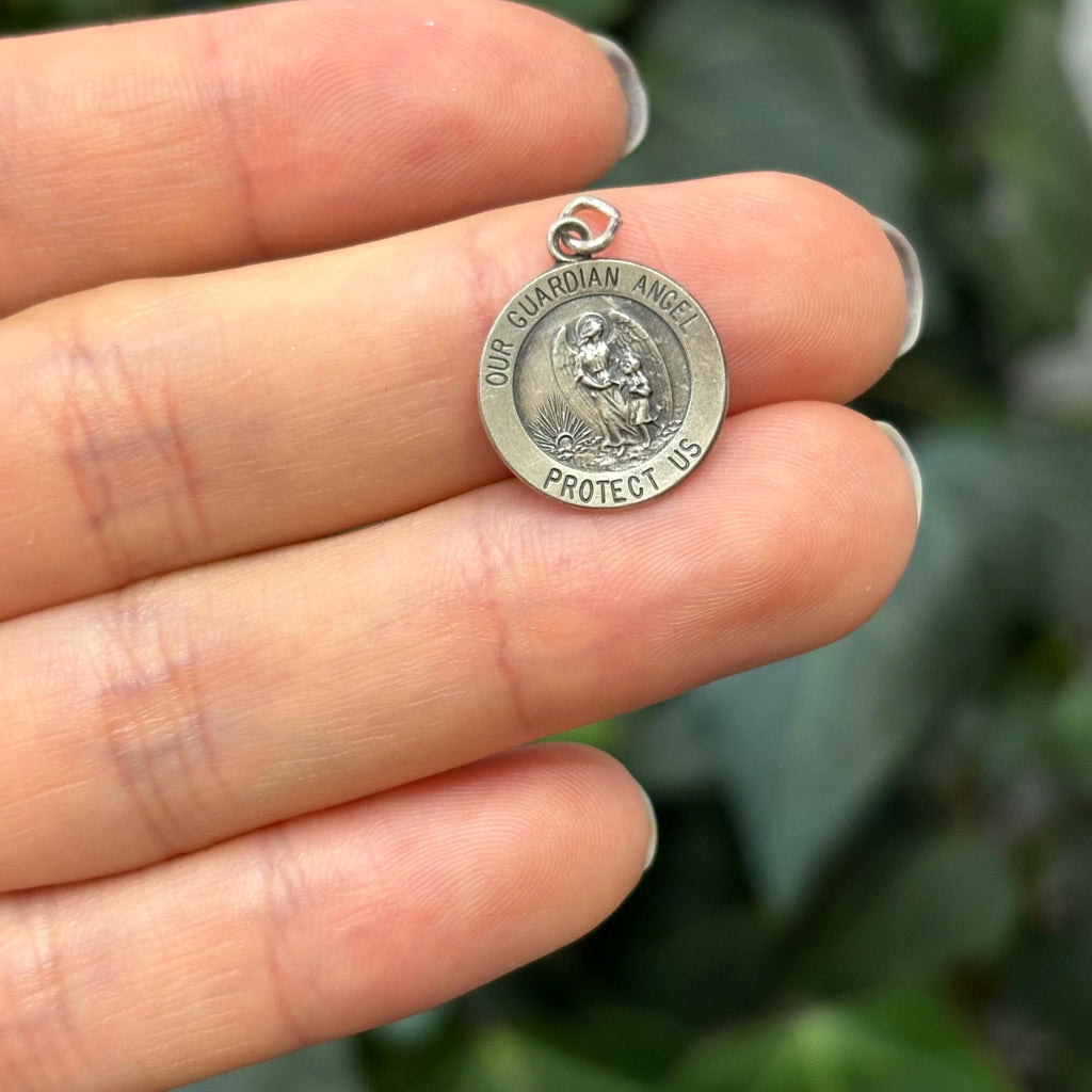 Sterling Silver Our Guardian Angel Round Medal Charm Pendant 15mm