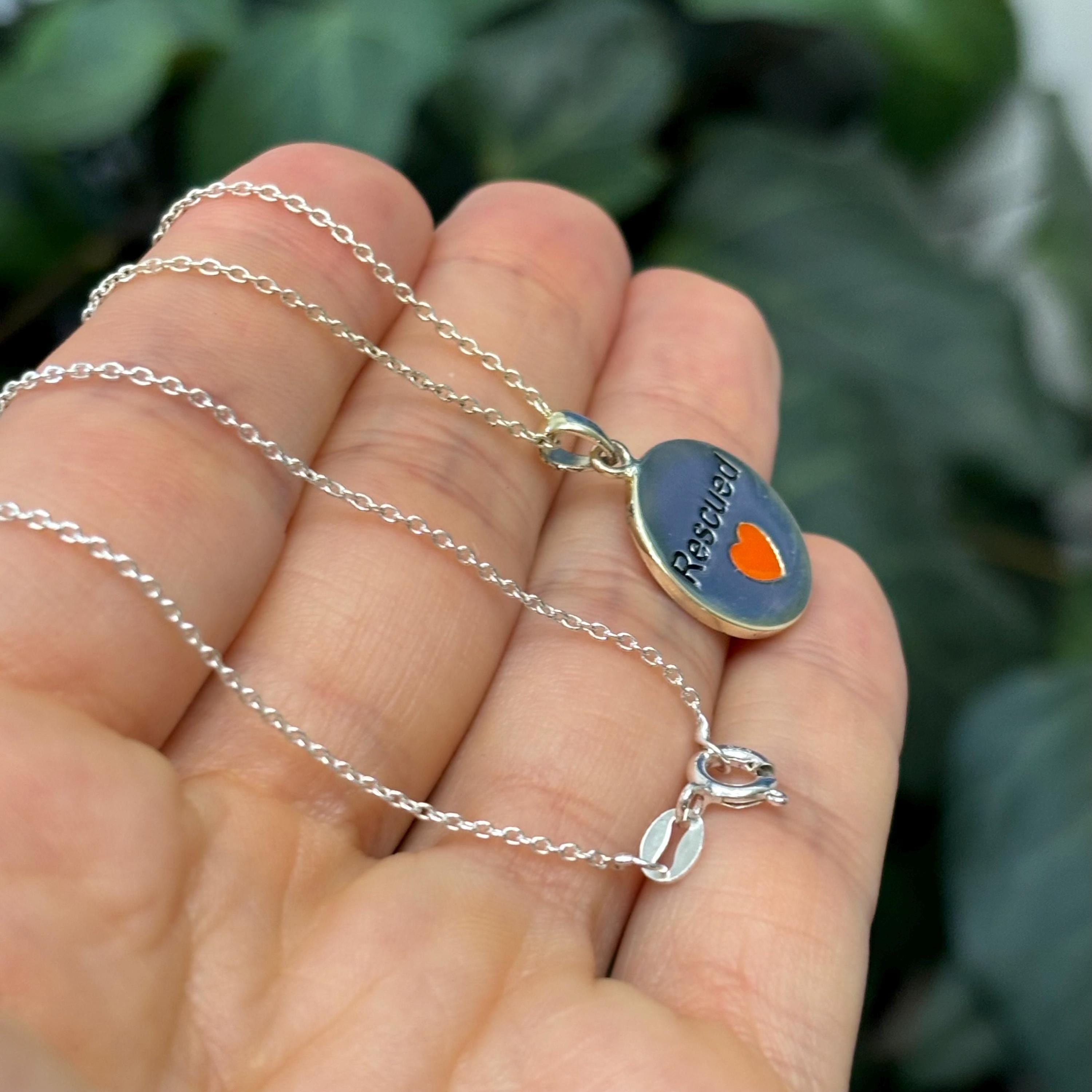 Sterling Silver Rescued Disc Pet Pendant Necklace with Enamel Heart