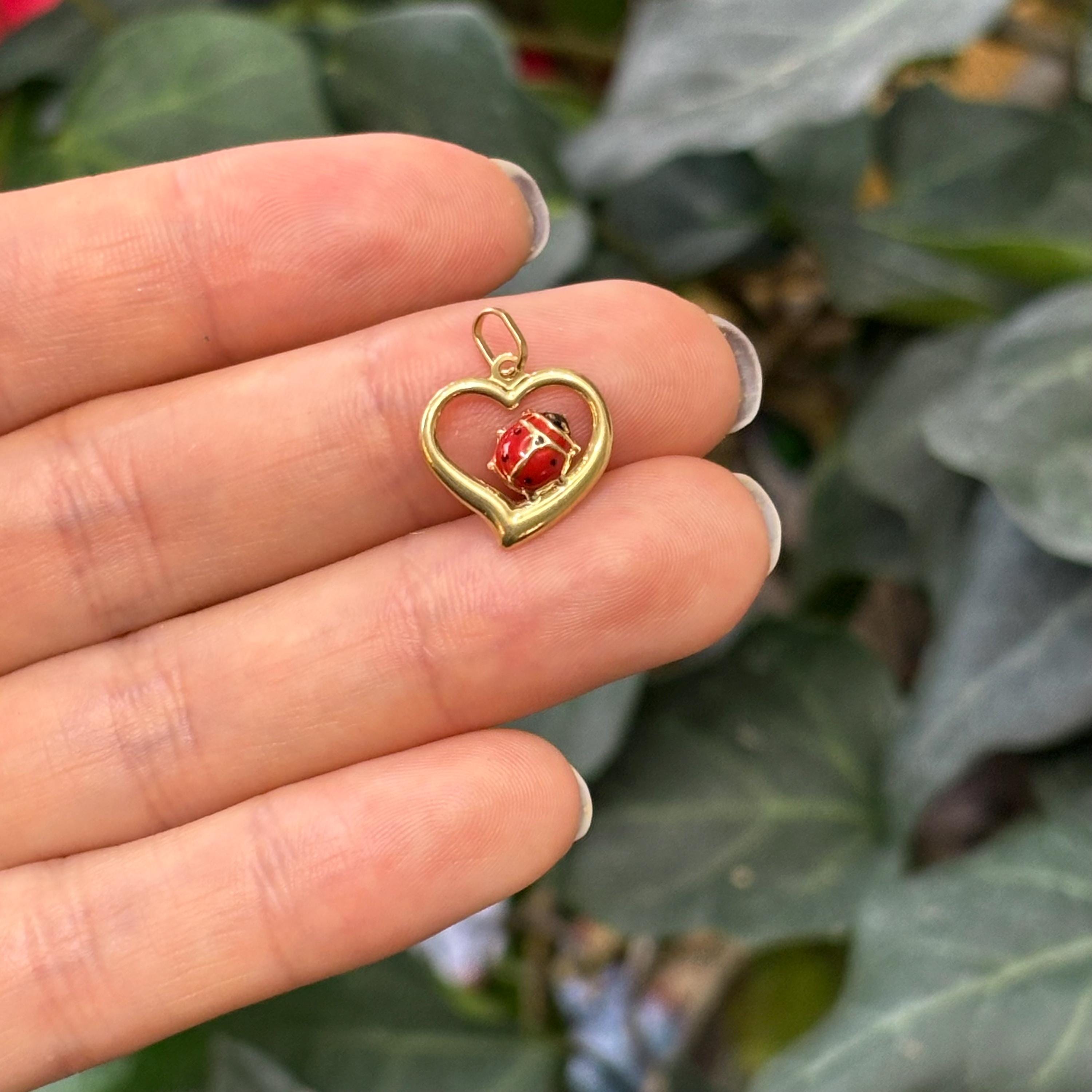 14k Gold Red Ladybug Heart Pendant Charm
