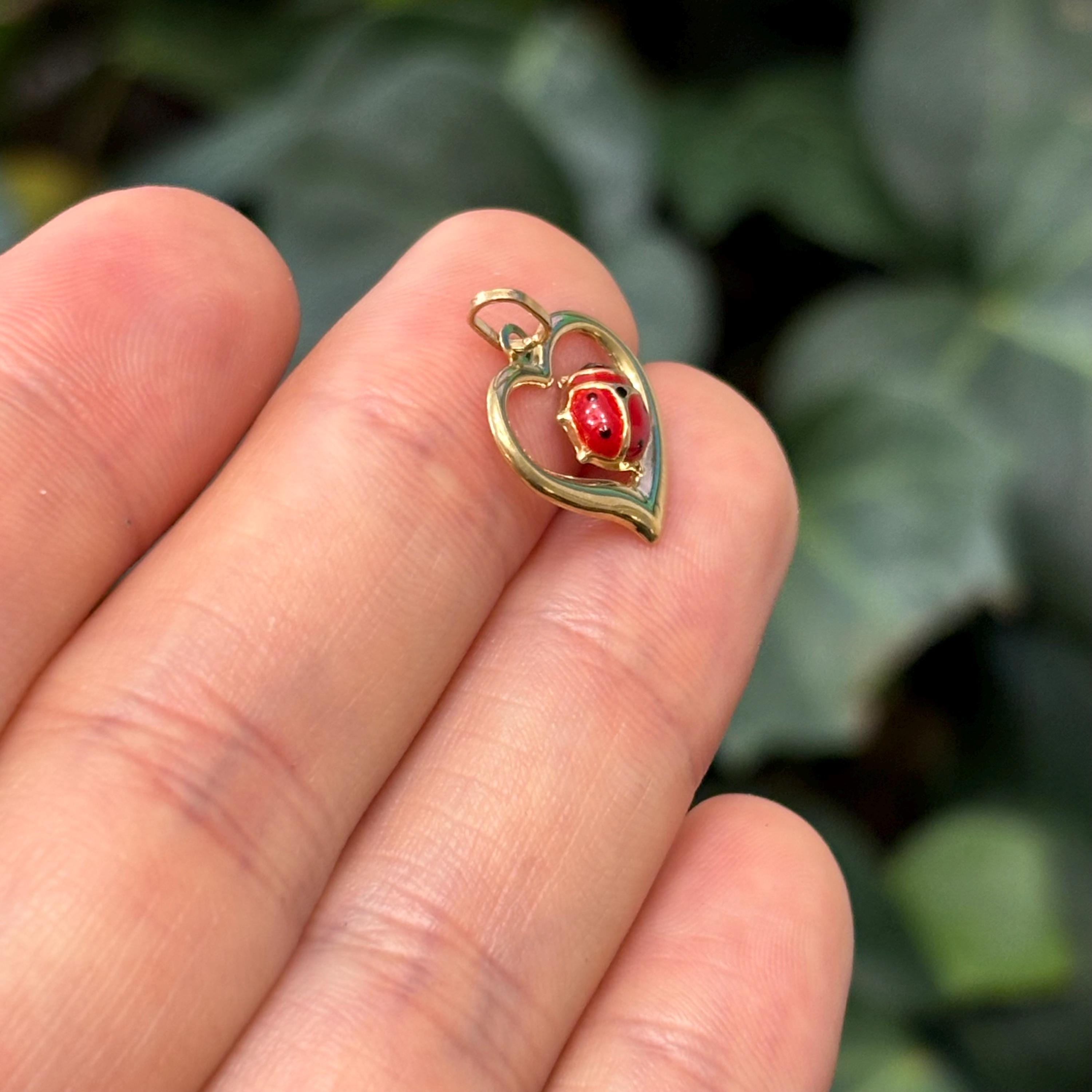 14k Gold Red Ladybug Heart Pendant Charm