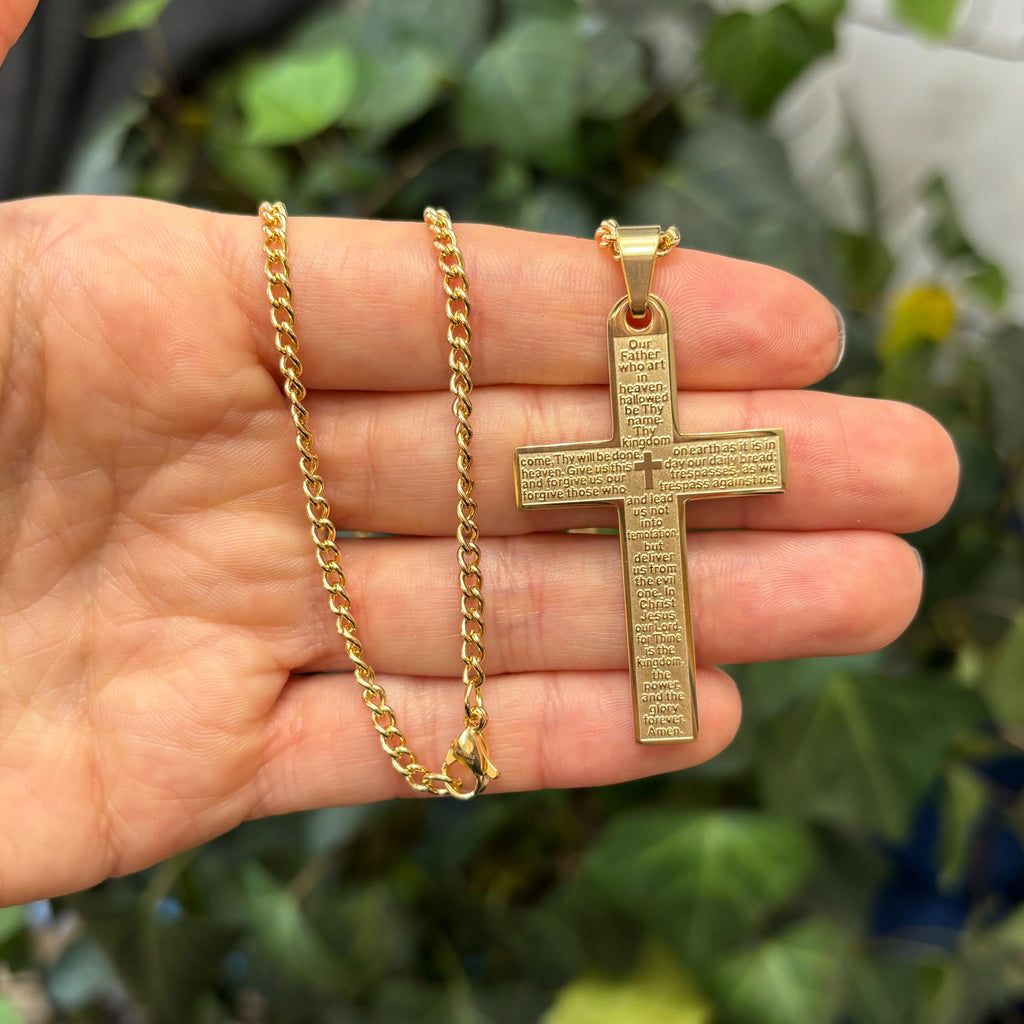 Gold-Tone Stainless Steel Lord’s Prayer Cross Pendant Necklace