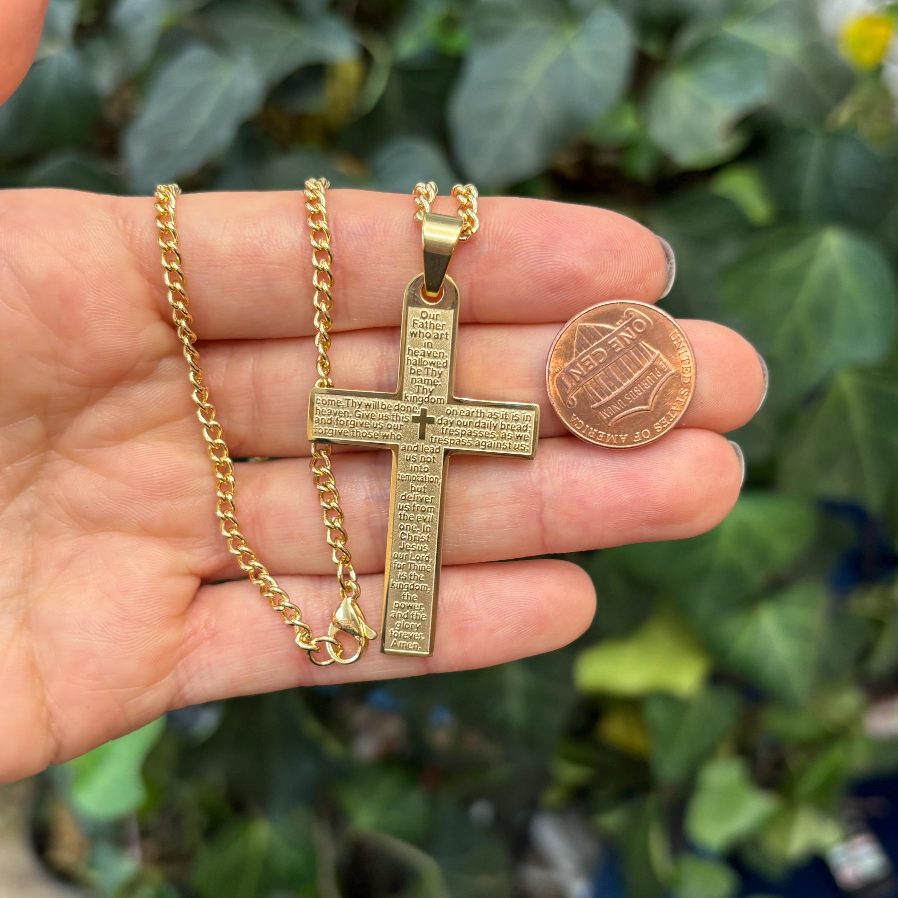 Gold-Tone Stainless Steel Lord’s Prayer Cross Pendant Necklace