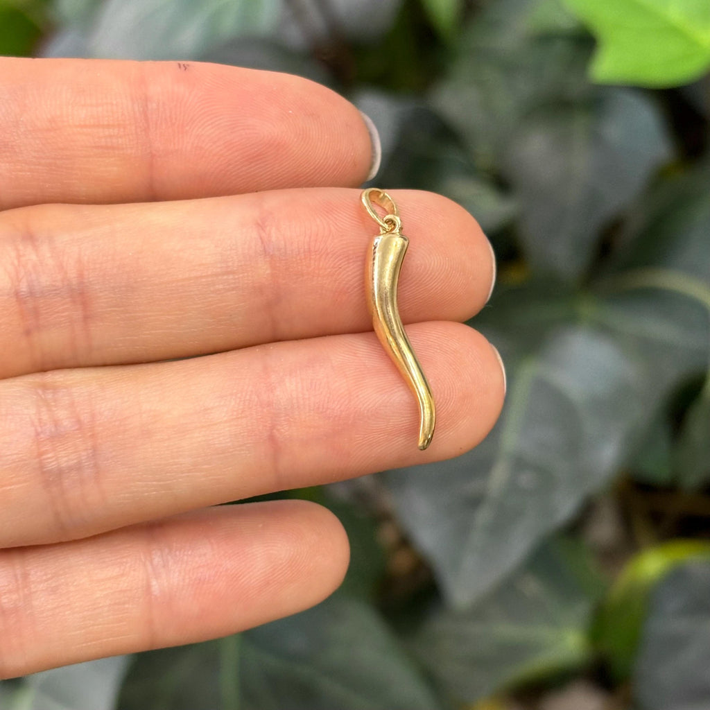 14k Gold Italian Horn Corno Solid Pendant  30mm