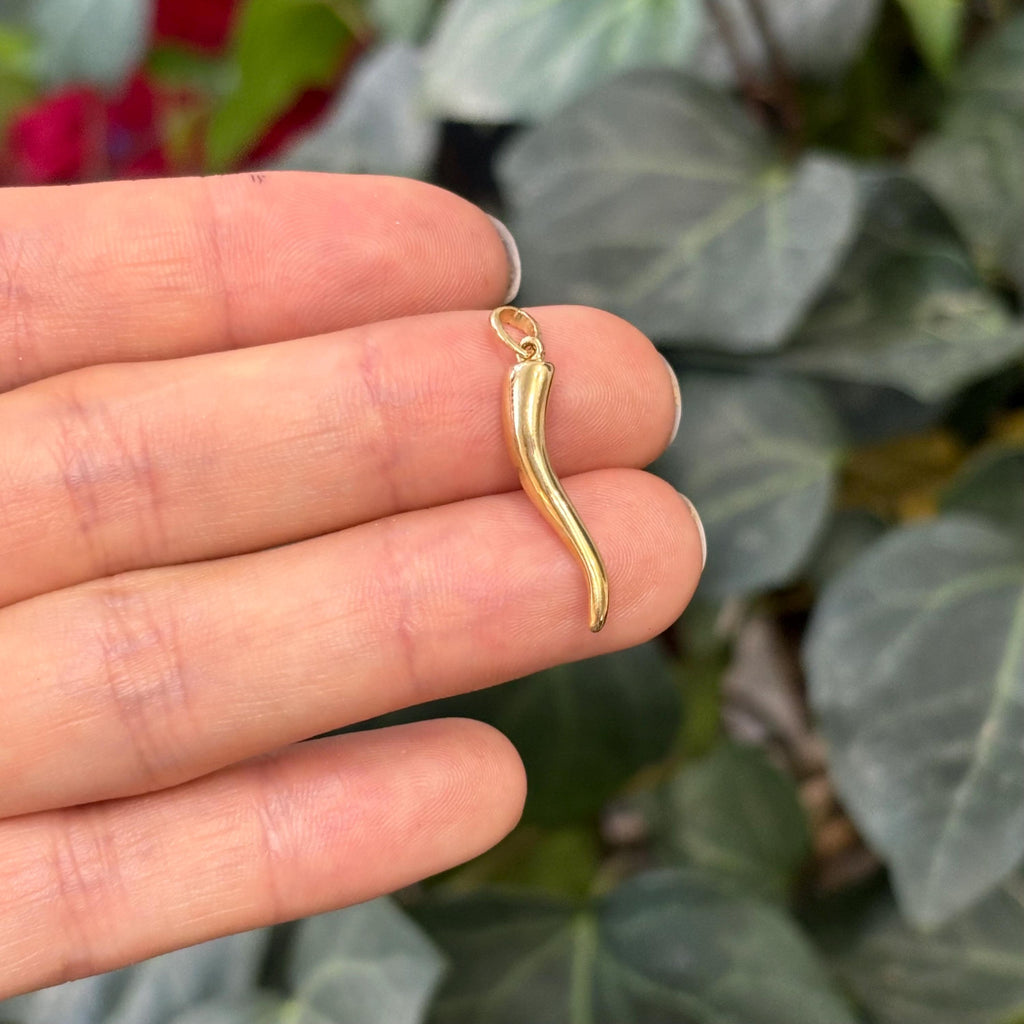 14k Gold Italian Horn Corno Solid Pendant  30mm