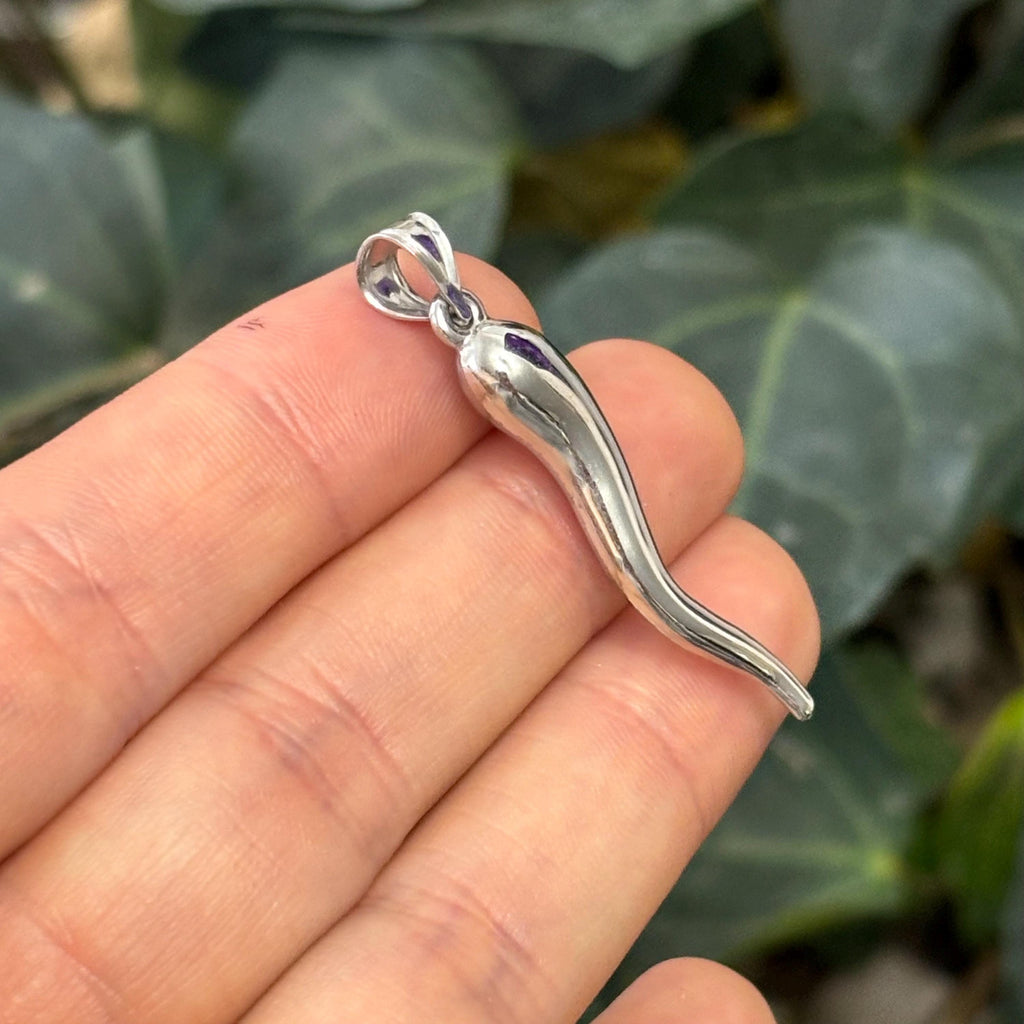 10k White Gold Italian Horn Corno Pendant 1.5”