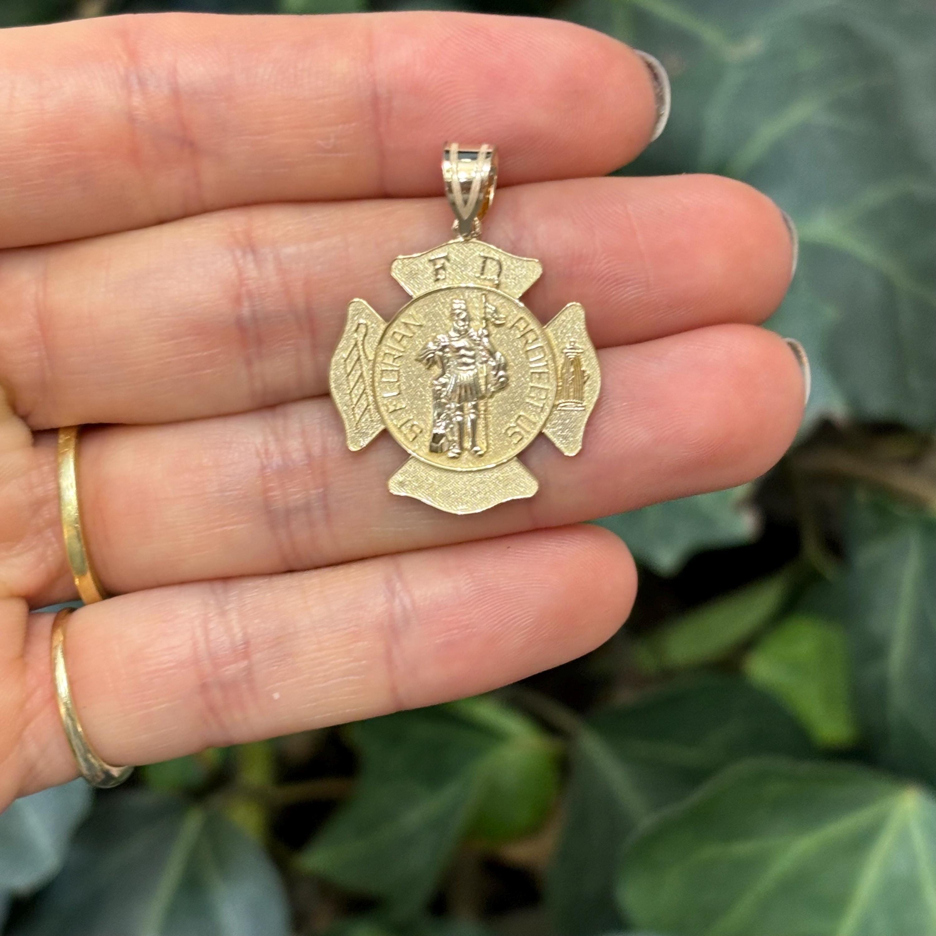 14k Yellow Gold St Florian Firefighter Badge Medal Pendant 24mm