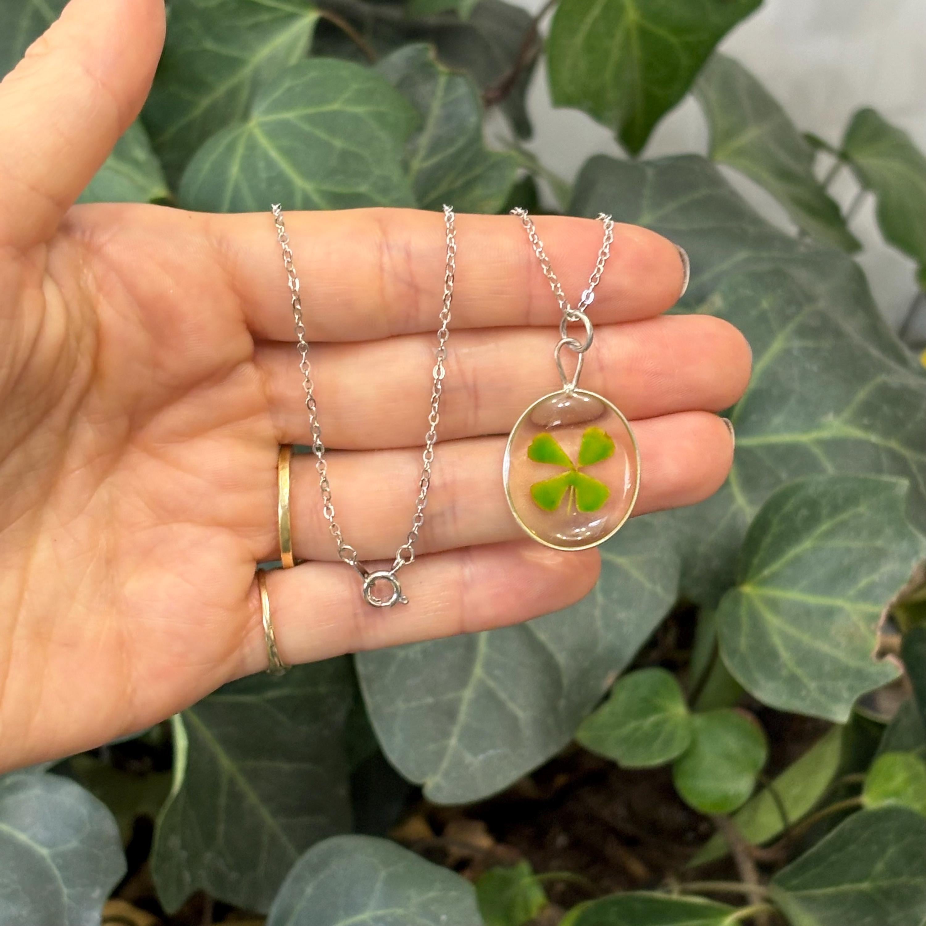 Sterling-Tone Metal Genuine Four Leaf Clover 3D Necklace