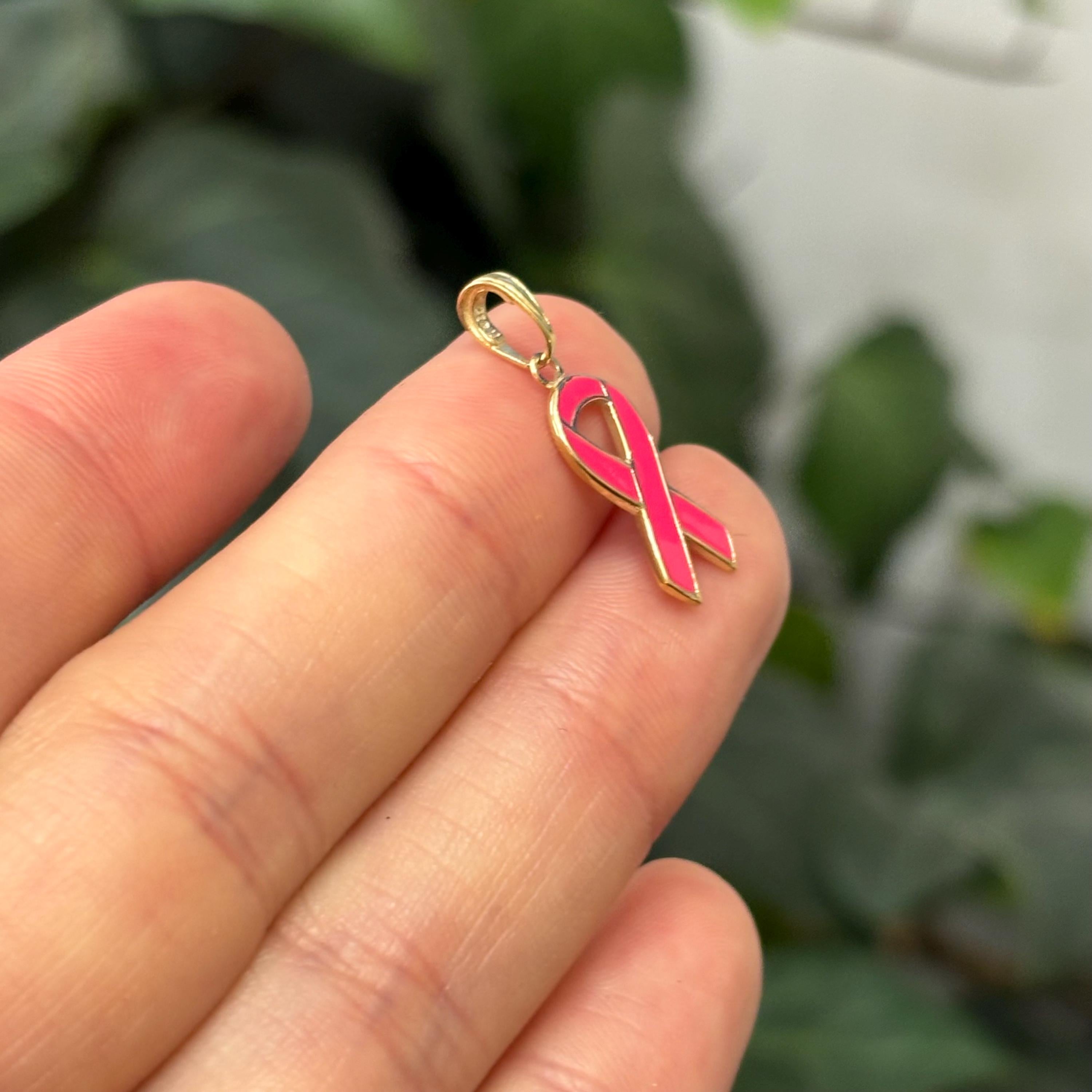 14K Gold Pink Enamel Breast Cancer Ribbon Awareness Charm Pendant