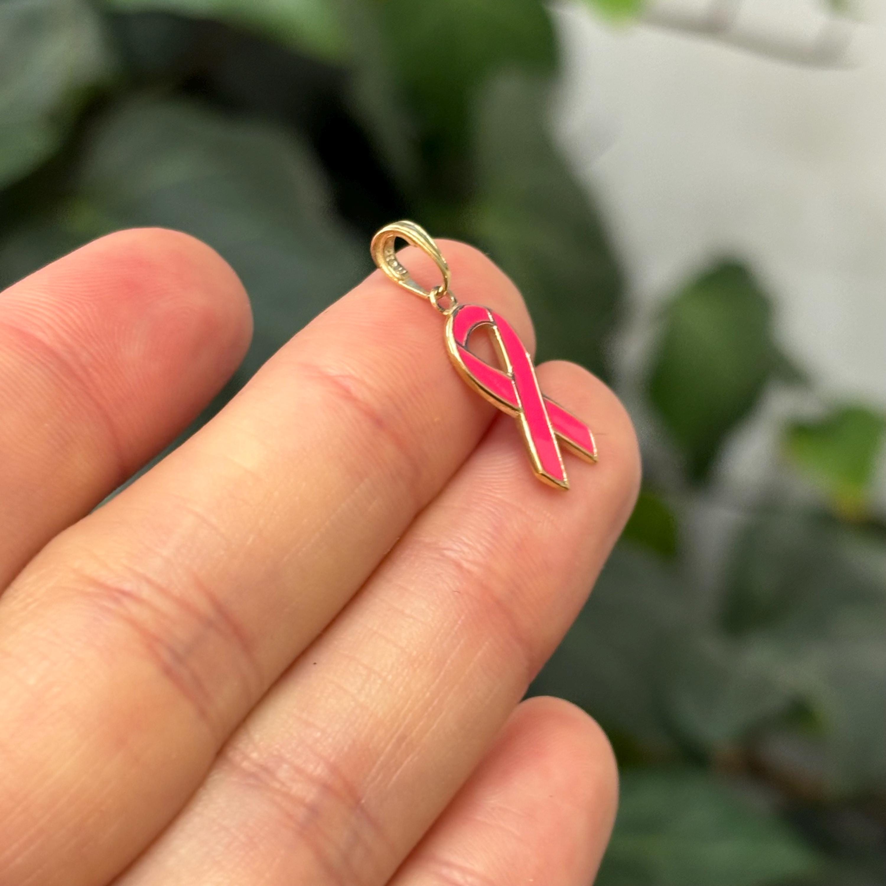 10k Gold Pink Enamel Breast Cancer Ribbon Awareness Charm Pendant
