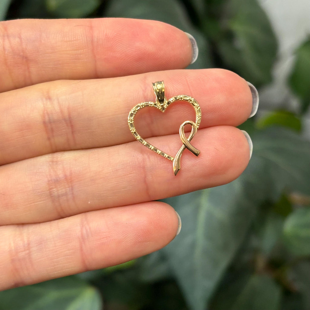 14k Yellow Rose Gold Breast Cancer Ribbon Awareness Heart Pendant
