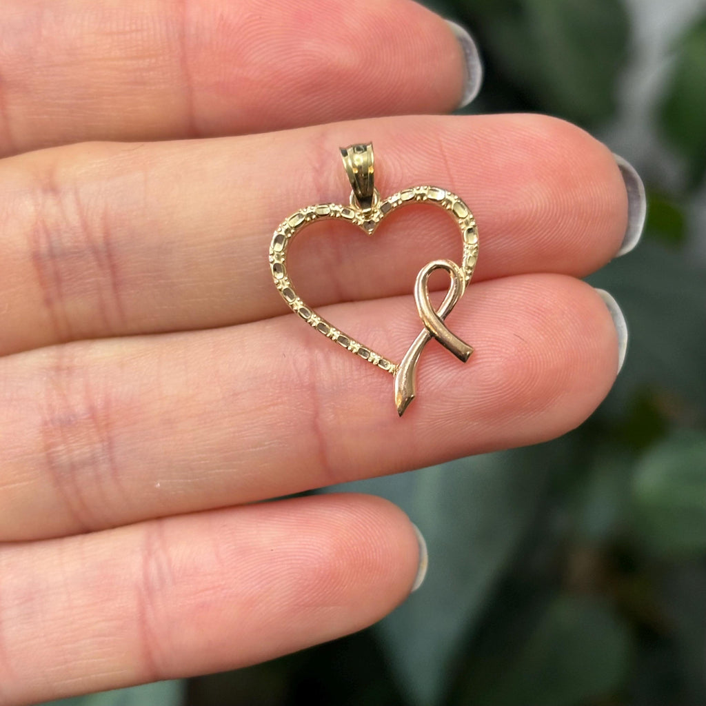 14k Yellow Rose Gold Breast Cancer Ribbon Awareness Heart Pendant