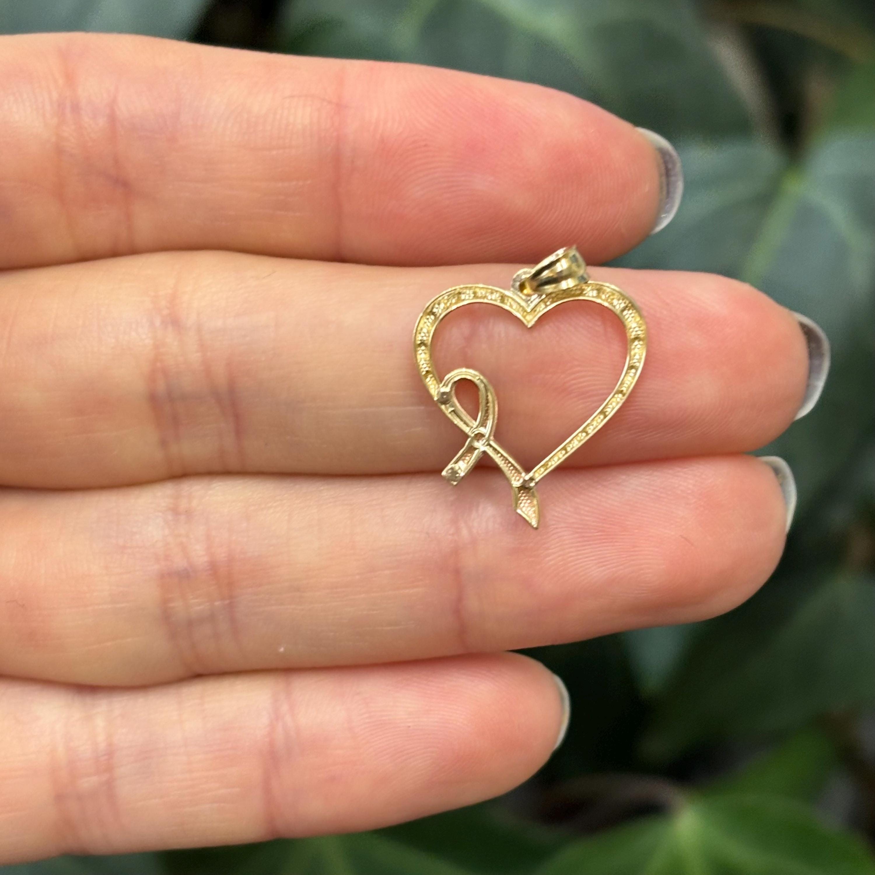 14k Yellow Rose Gold Breast Cancer Ribbon Awareness Heart Pendant