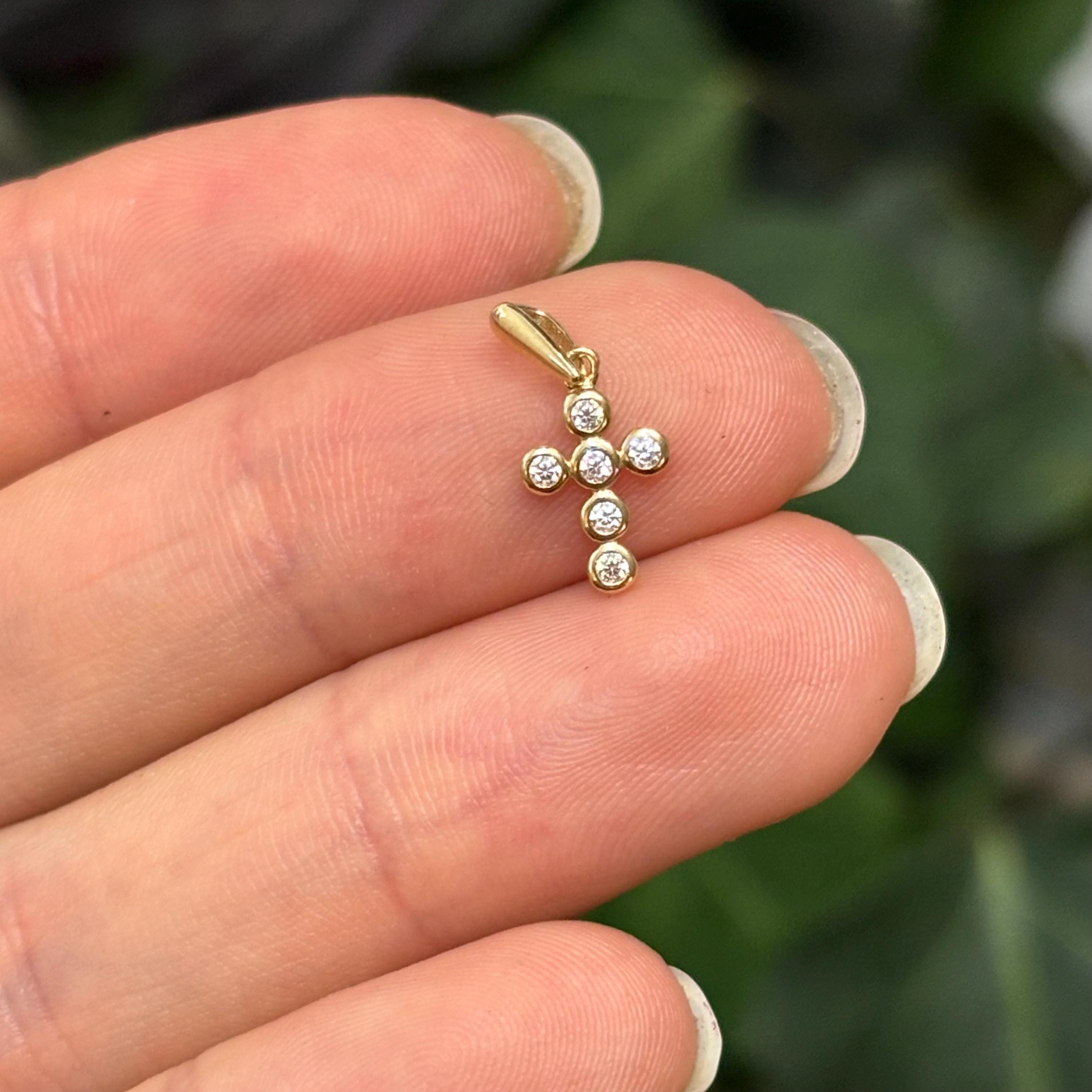 14k Gold Bezel Cubic Zirconia Stones Mini Cross Charm Pendant