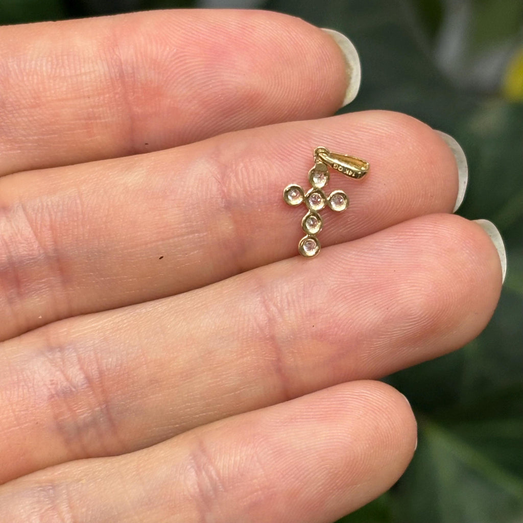 14k Gold Bezel Cubic Zirconia Stones Mini Cross Charm Pendant