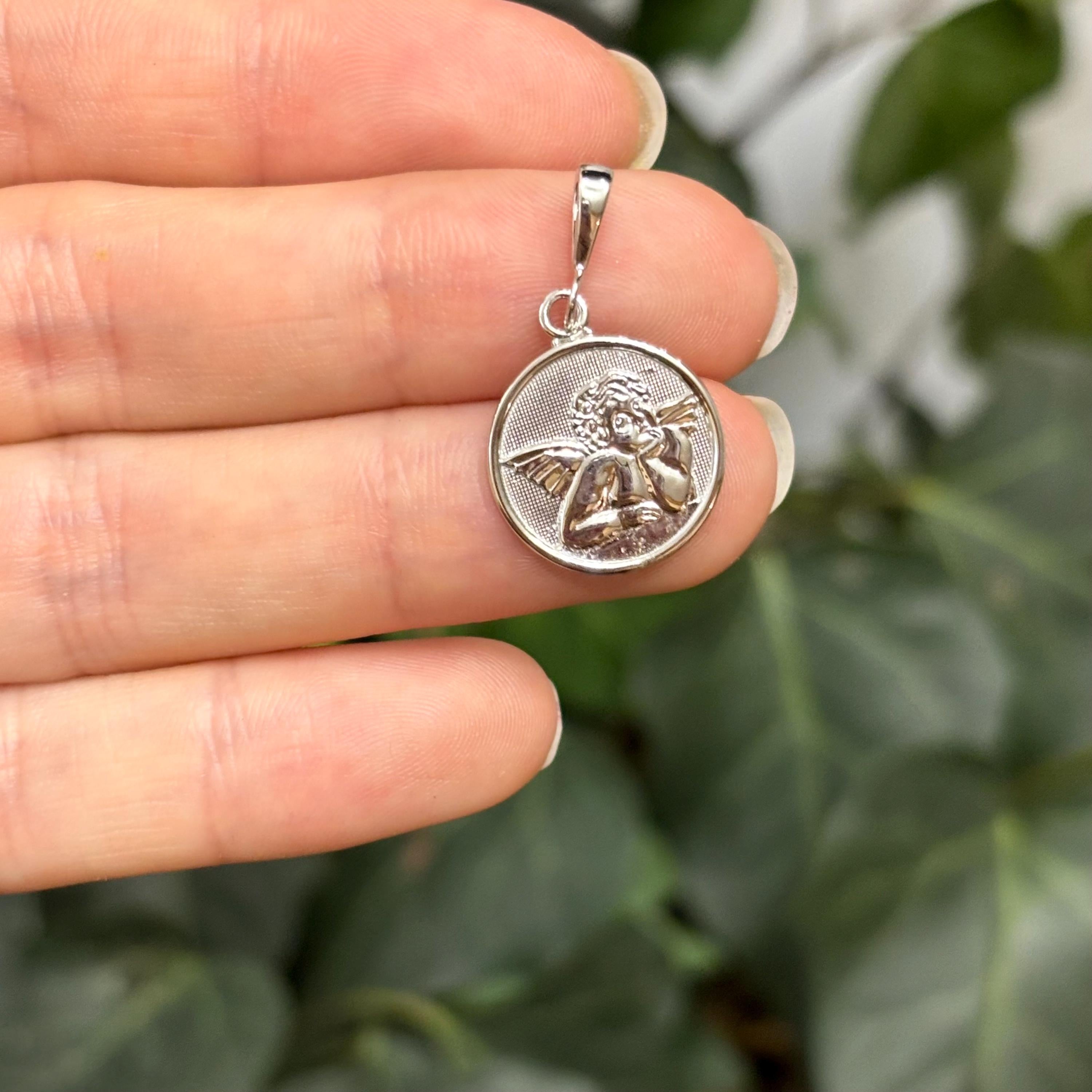 14k White Gold Raphael Baby Angel Round Charm Pendant