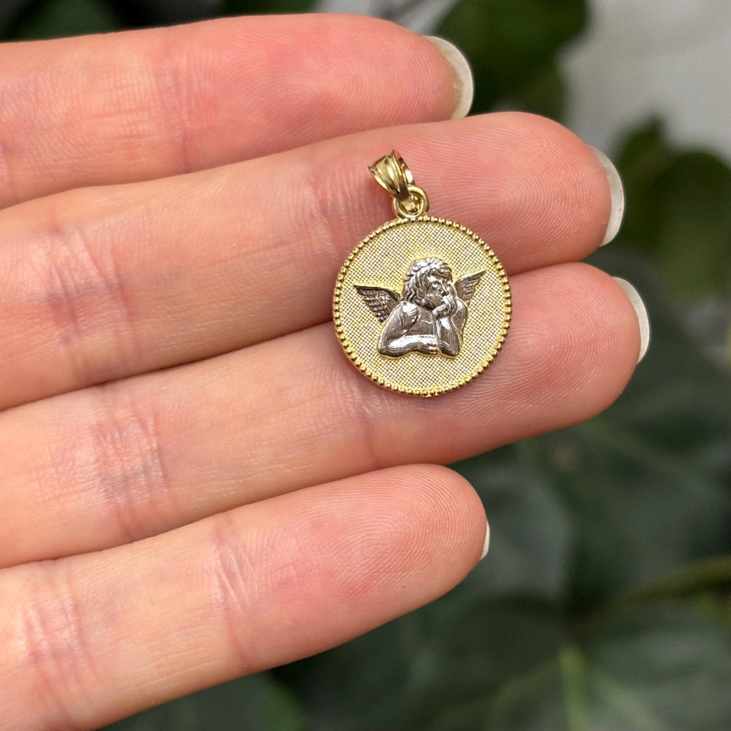 10k Gold Two-Tone Raphael Baby Angel Round Charm Pendant