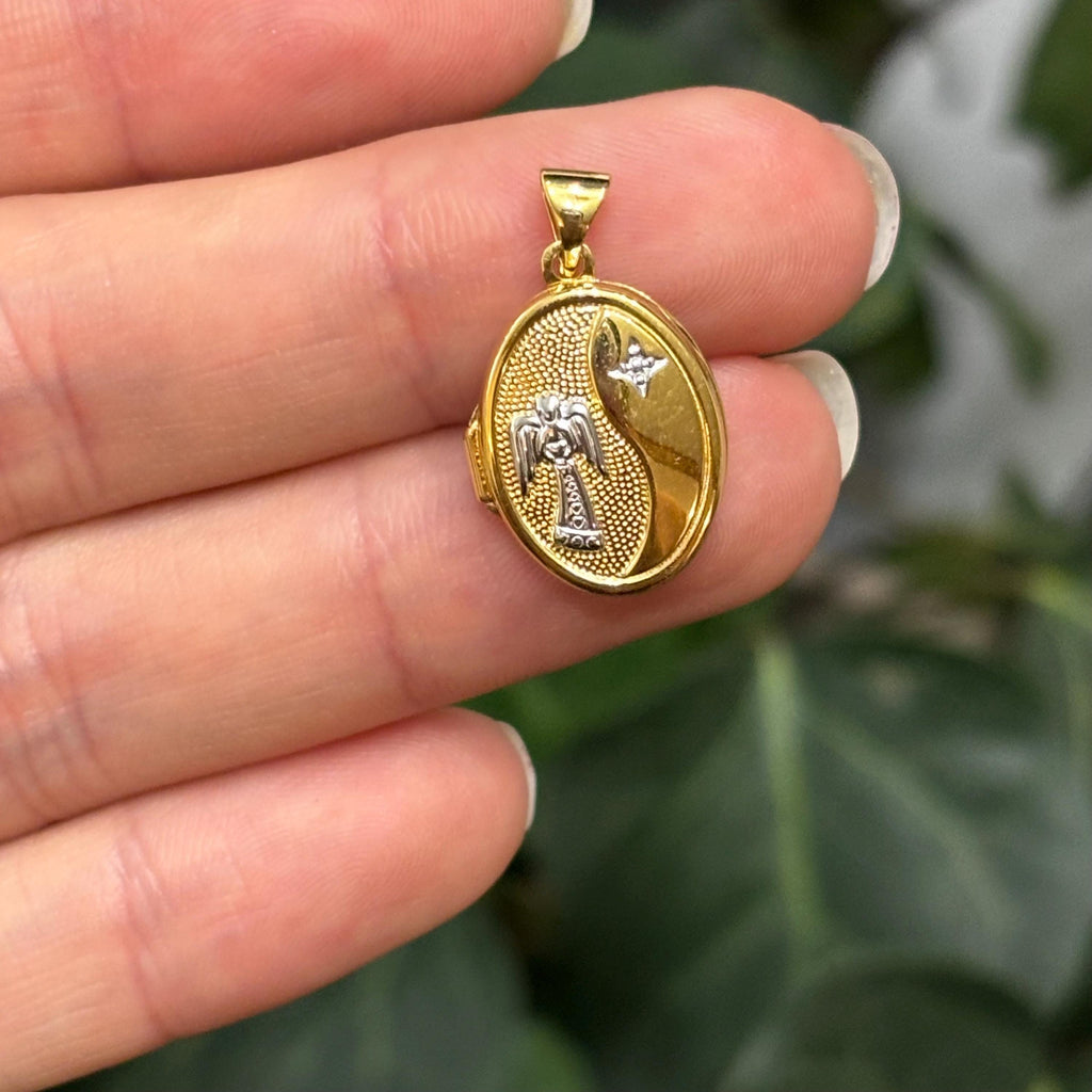 14k Gold Two-Tone Guardian Angel Oval Locket Pendant