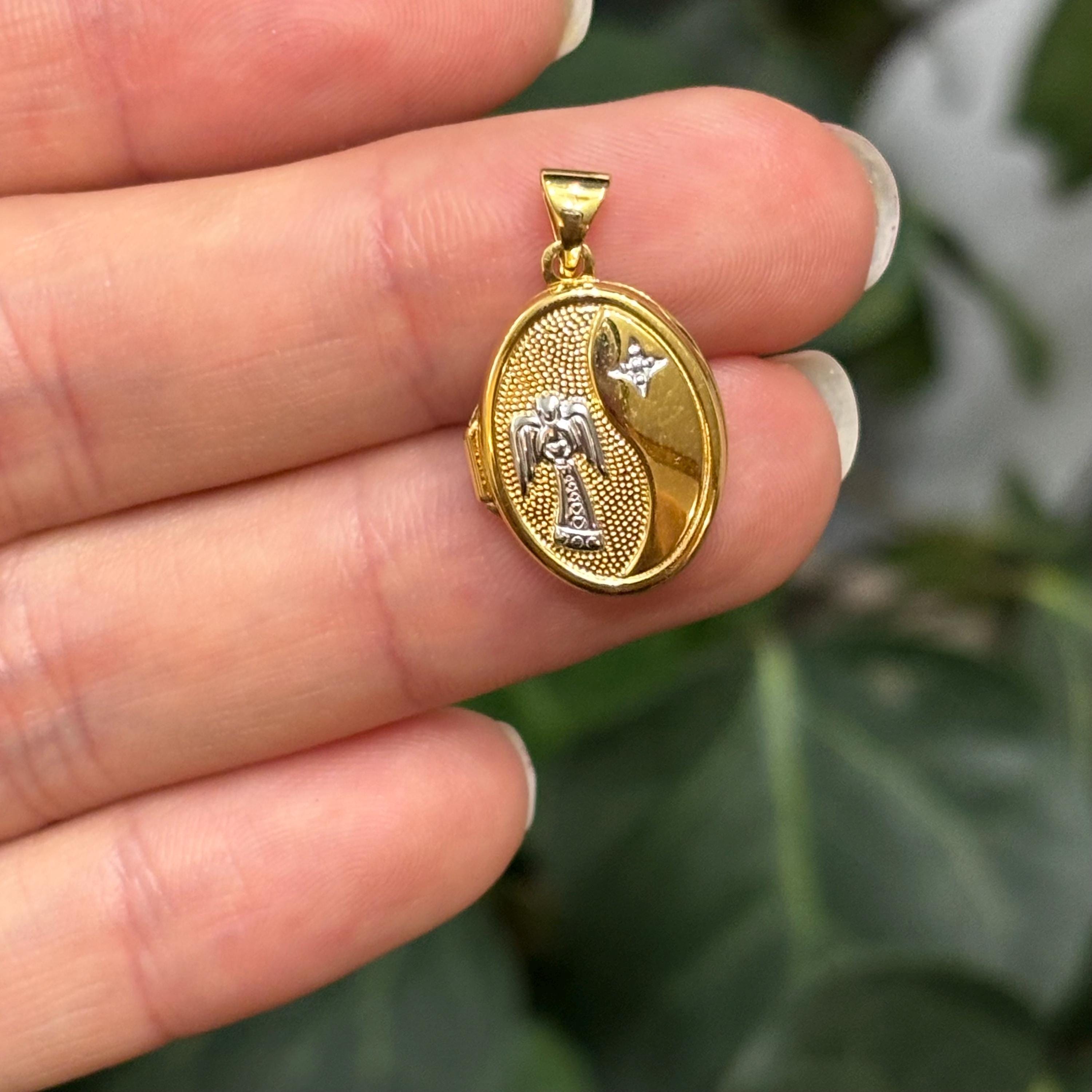 14k Gold Two-Tone Guardian Angel Oval Locket Pendant