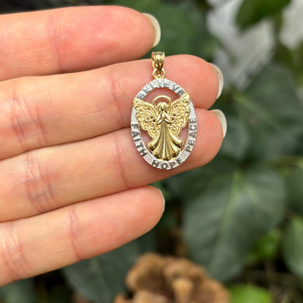 14k Gold Two-Tone Angel Believe Peace Hope Faith Oval Pendant